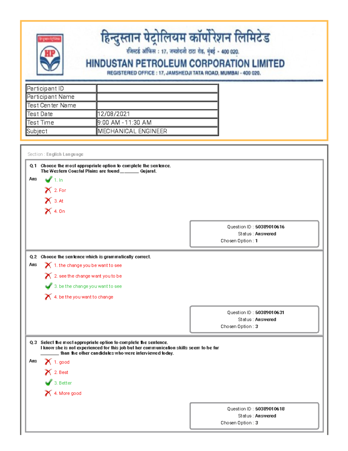 HPCL Mechanical Paper 2021 - Q Choose the most appropriate option to ...