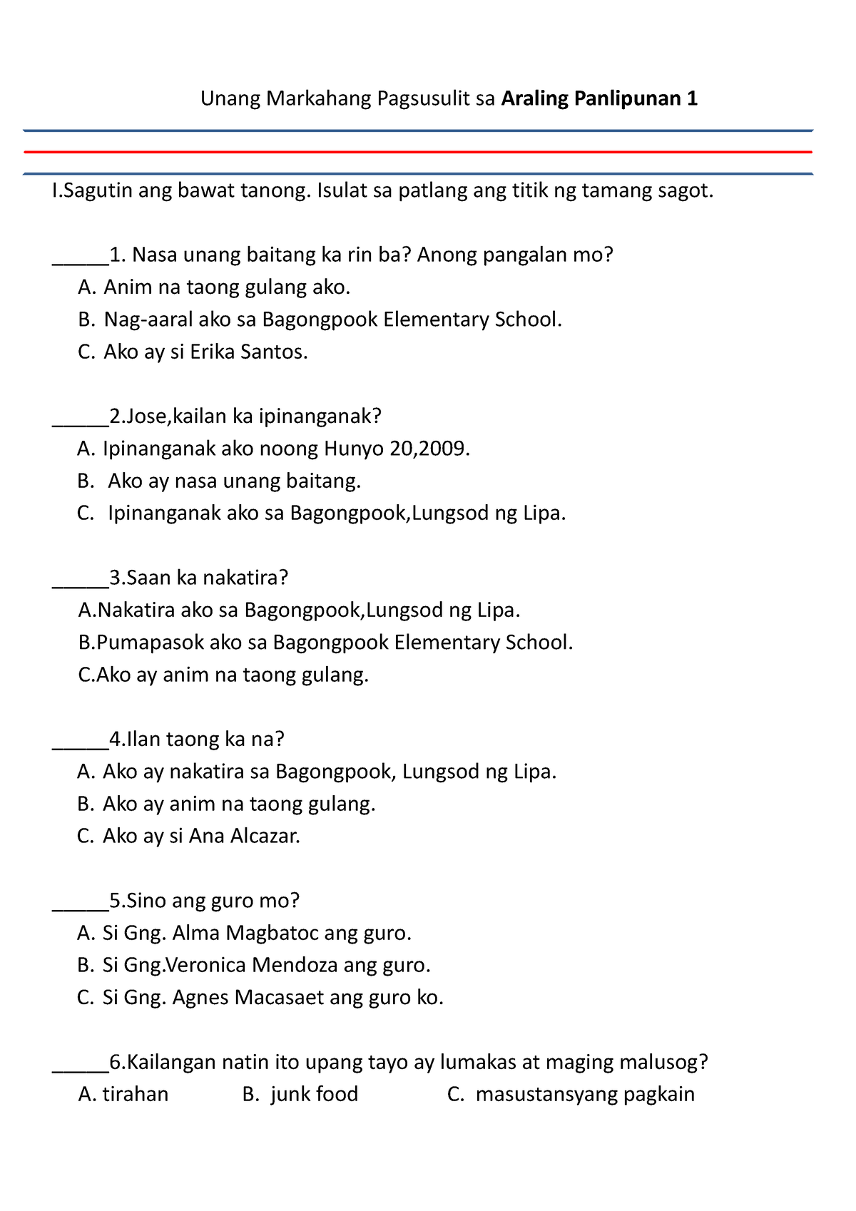 UPO PT Araling Panlipunan 1 Q1 - Unang Markahang Pagsusulit Sa Araling ...