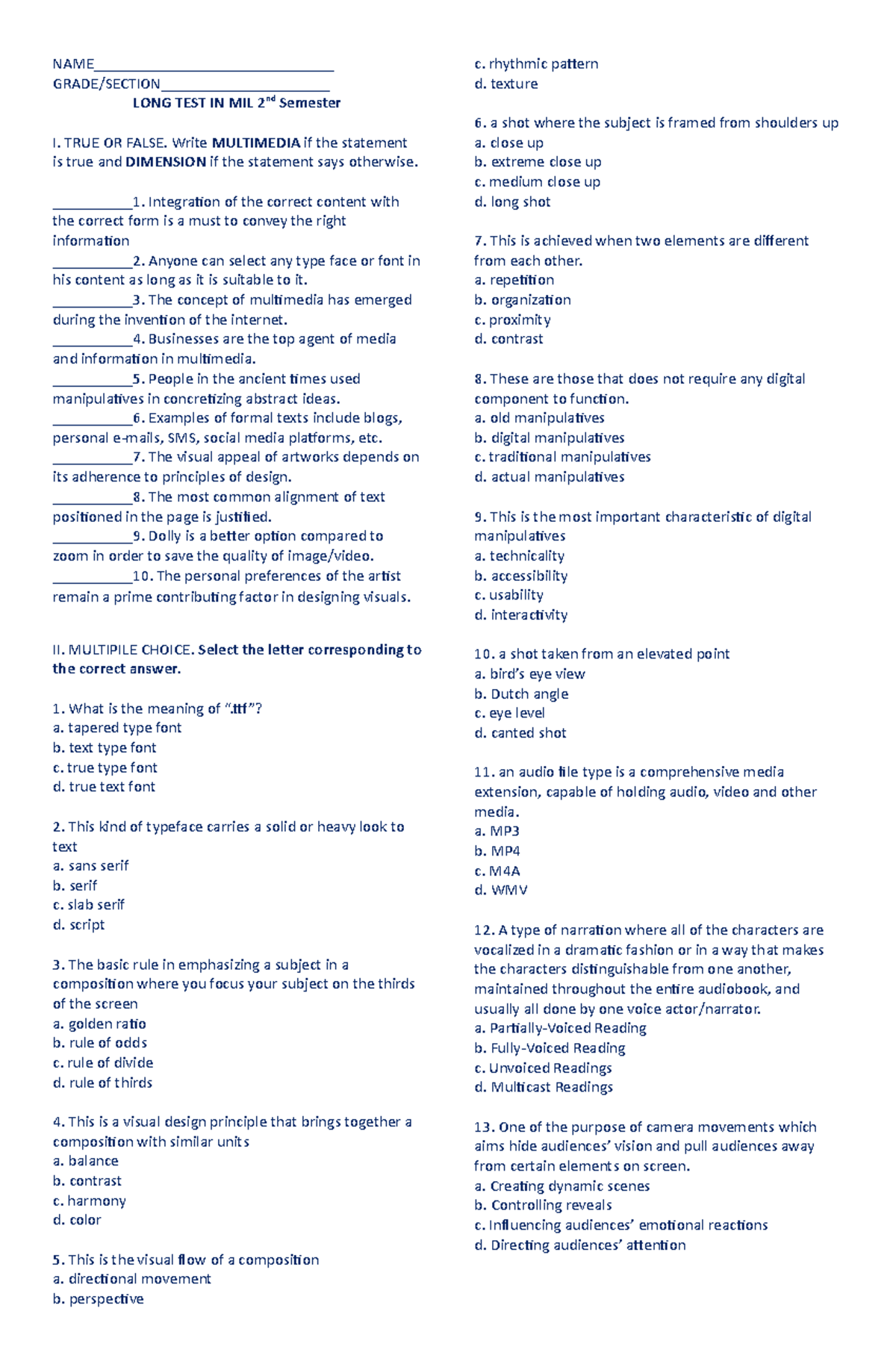 Long Test MIL 2nd - Examination for MIL - NAME ...