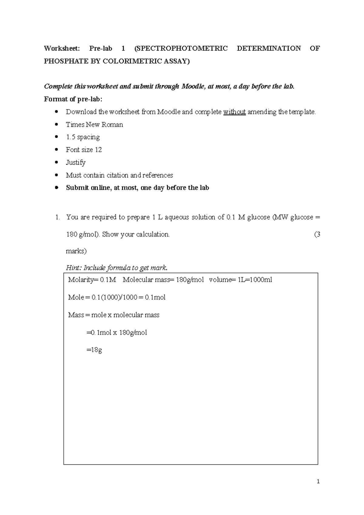 Worksheet - Prelab 1 done - Worksheet: Pre-lab 1 (SPECTROPHOTOMETRIC ...