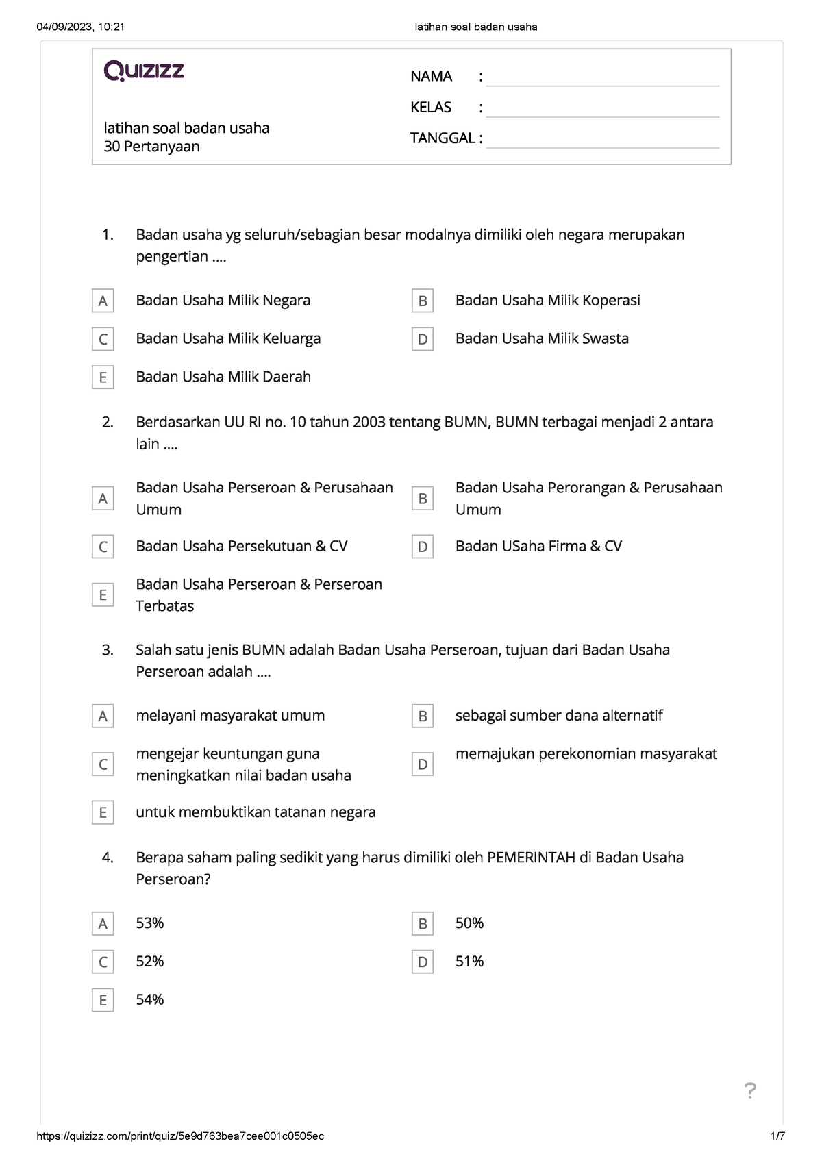 Latihan Soal Badan Usaha - ... A Badan Usaha Milik Negara B Badan Usaha ...