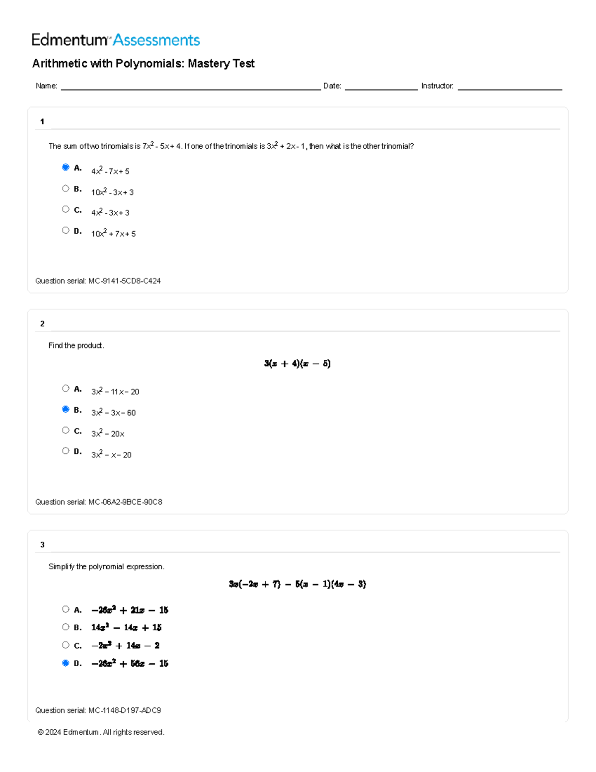 Arithmetic with Polynomials Mastery Test - If one of the trinomials is ...