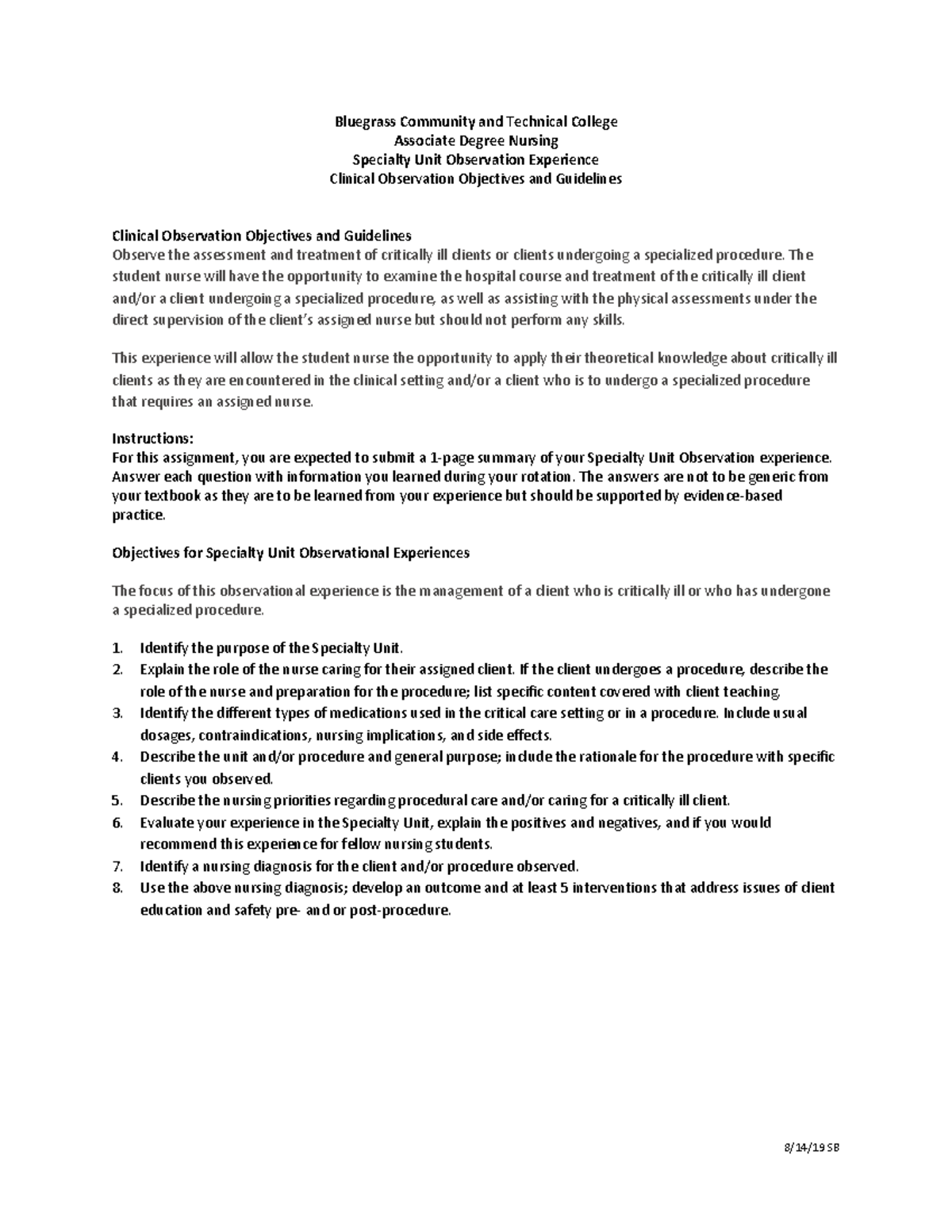 Clinical Specialty Unit Observation 8/14/19 SB Bluegrass Community