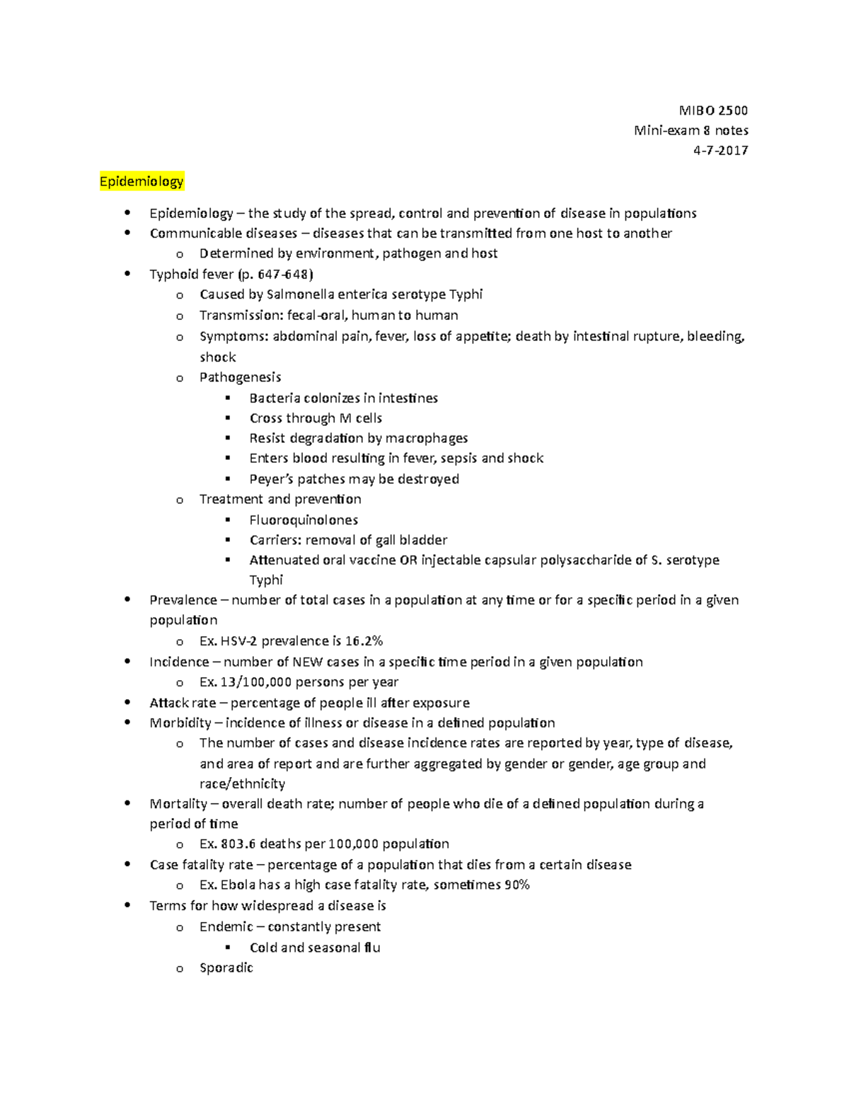 Mini-exam 8 Notes - MIBO 2500 Mini-exam 8 notes 4-7-2017 Epidemiology ...