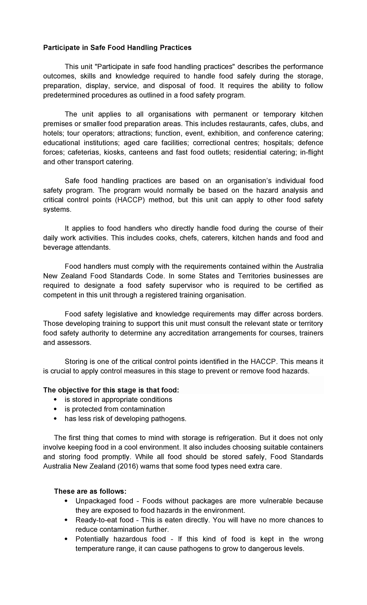 Chapter 2 - PACE112 - Participate in Safe Food Handling Practices This ...