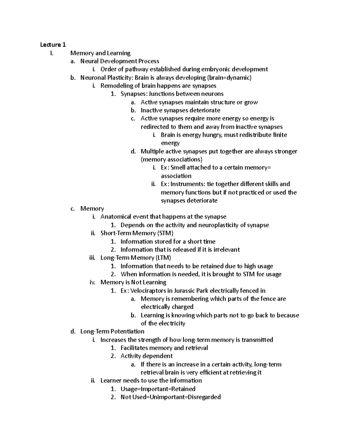 Memory and Learning - Lecture notes 1 - Lecture 1 I. Memory and ...