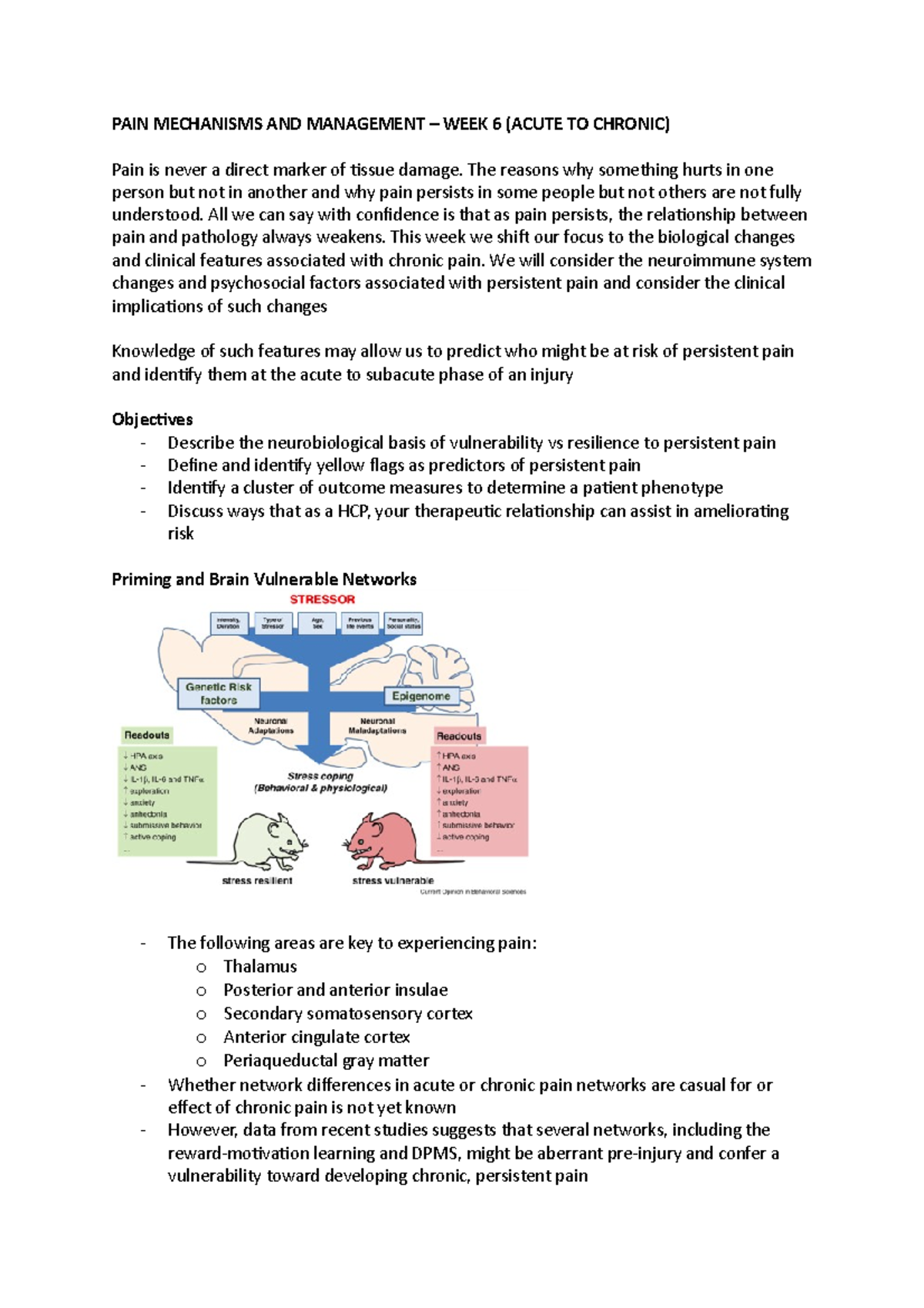 Week 6 lecture - acute to chronic - PAIN MECHANISMS AND MANAGEMENT ...
