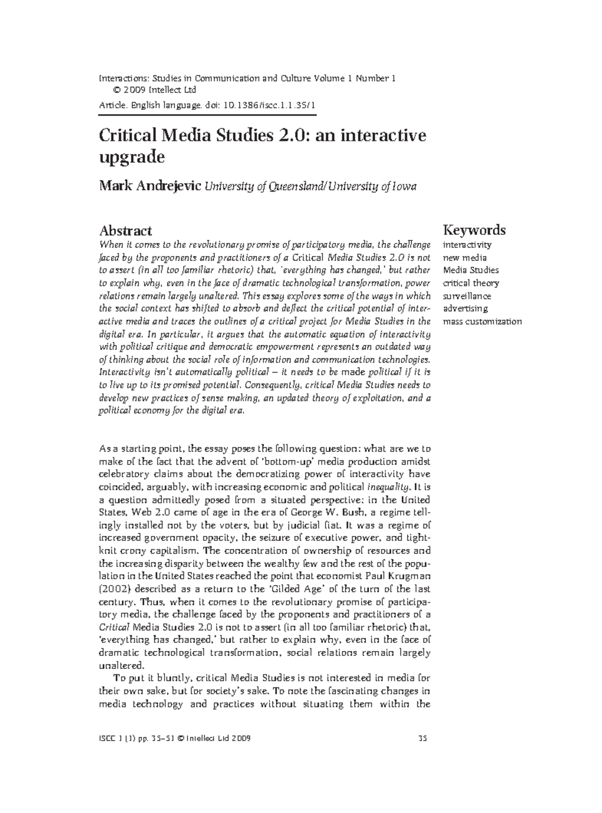 Critical Media Studies - ISCC 1 (1) pp. 35–51 © Intellect Ltd 2009 35 ...