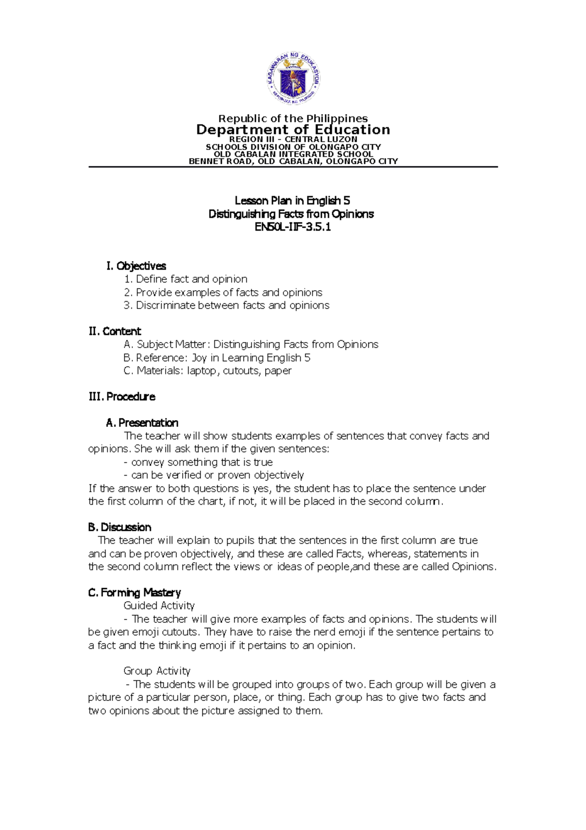 Facts and opinions lesson plan for grade 6 - Republic of the ...