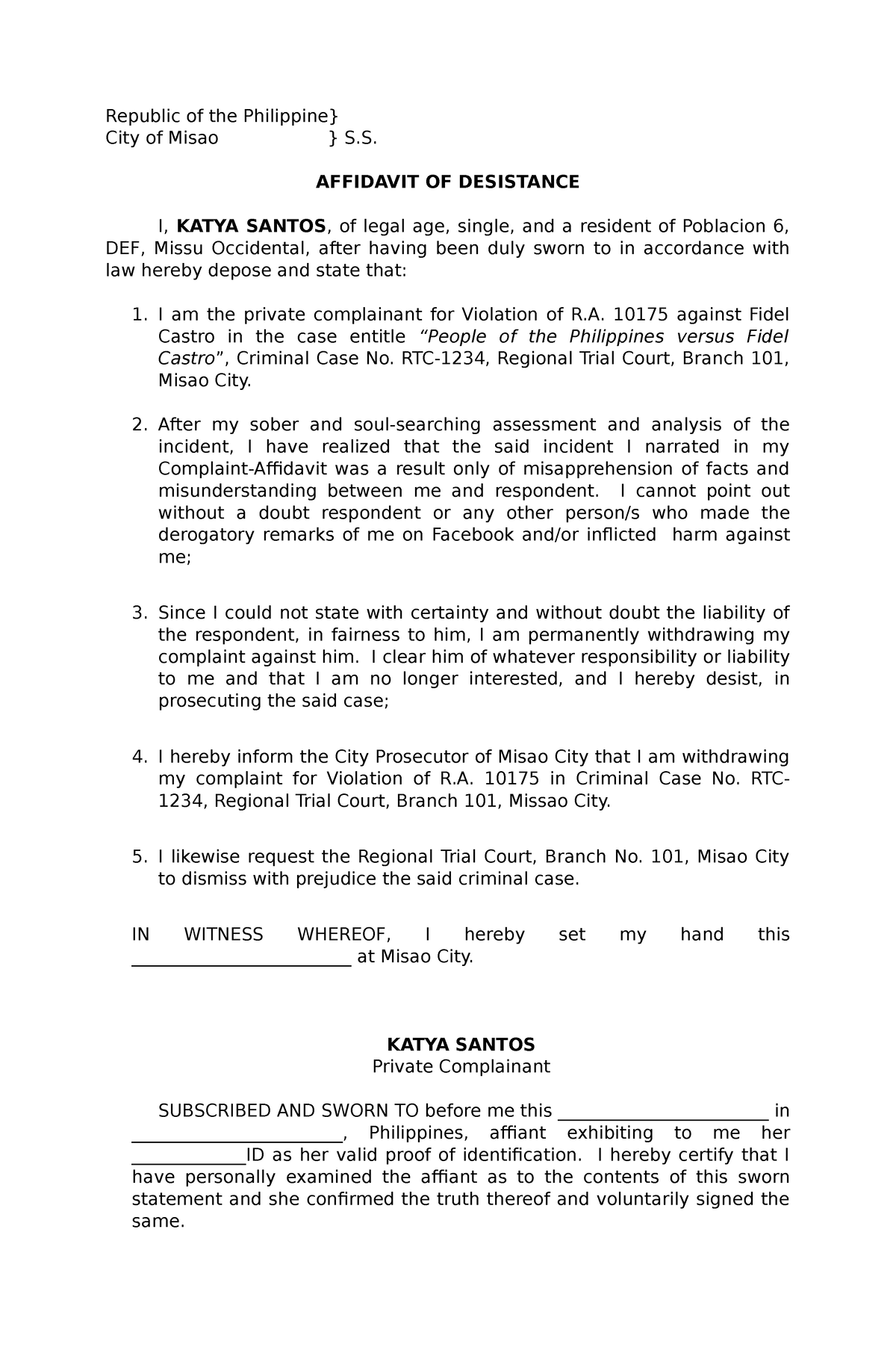 Affidavit Of Desistance Tagalog