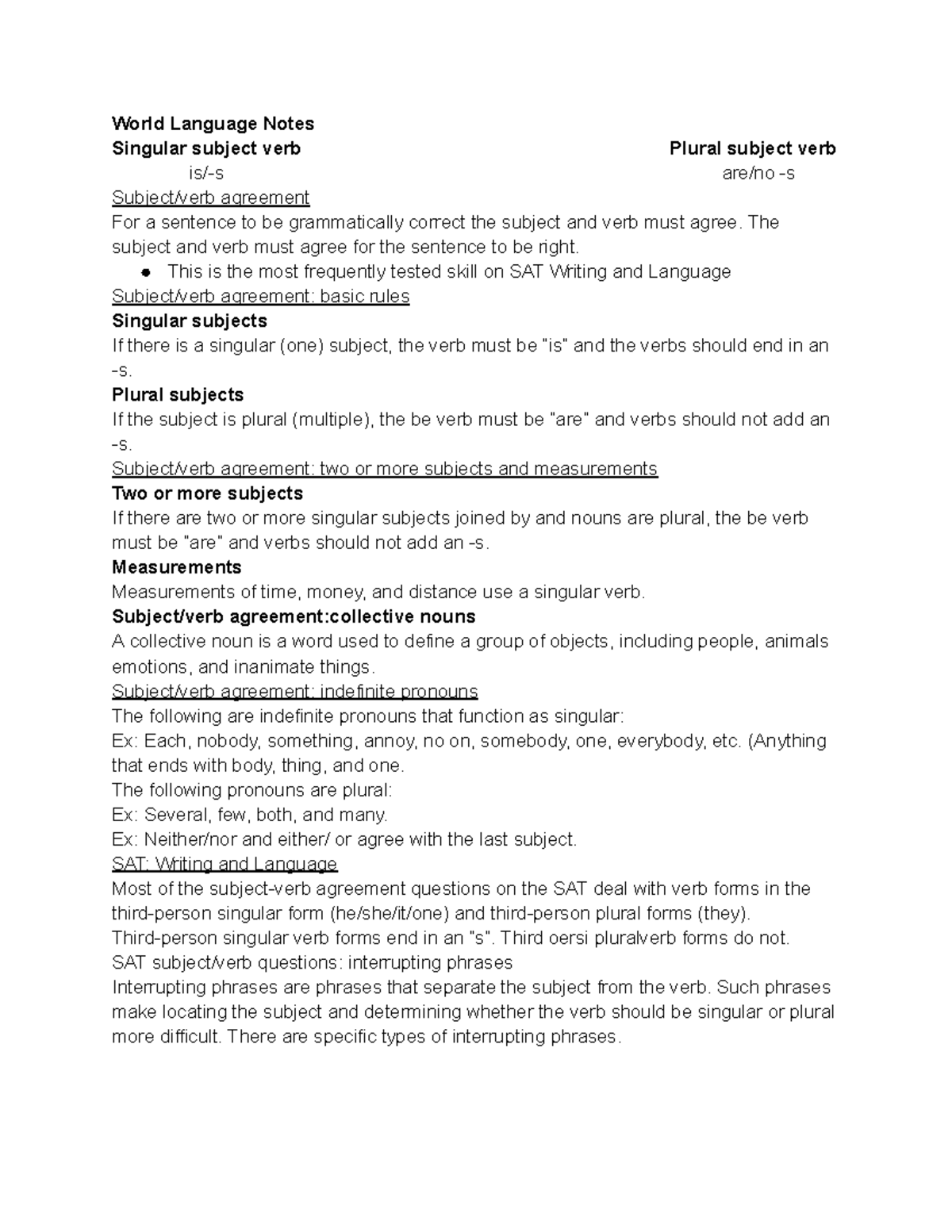 IB World Language Notes World Language Notes Singular subject verb