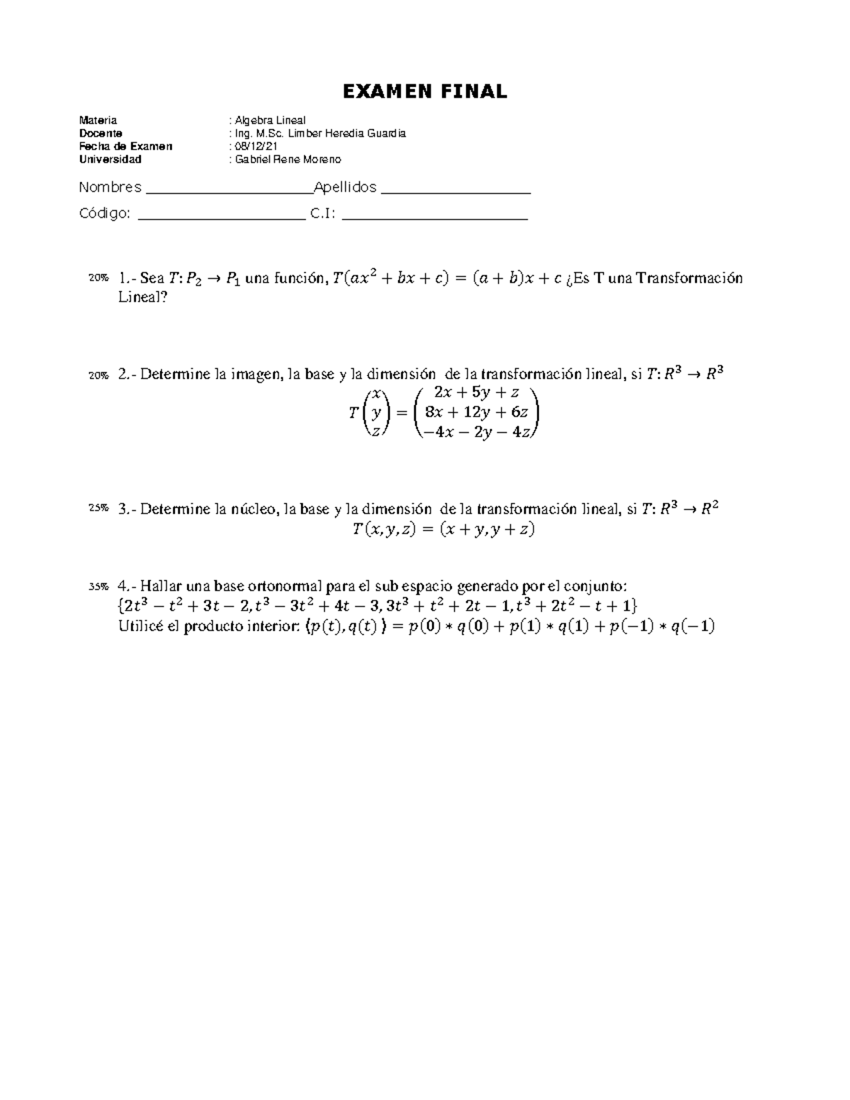 Examen Final Esta Muy Dificil Xdasdasdasx - EXAMEN FINAL Materia ...