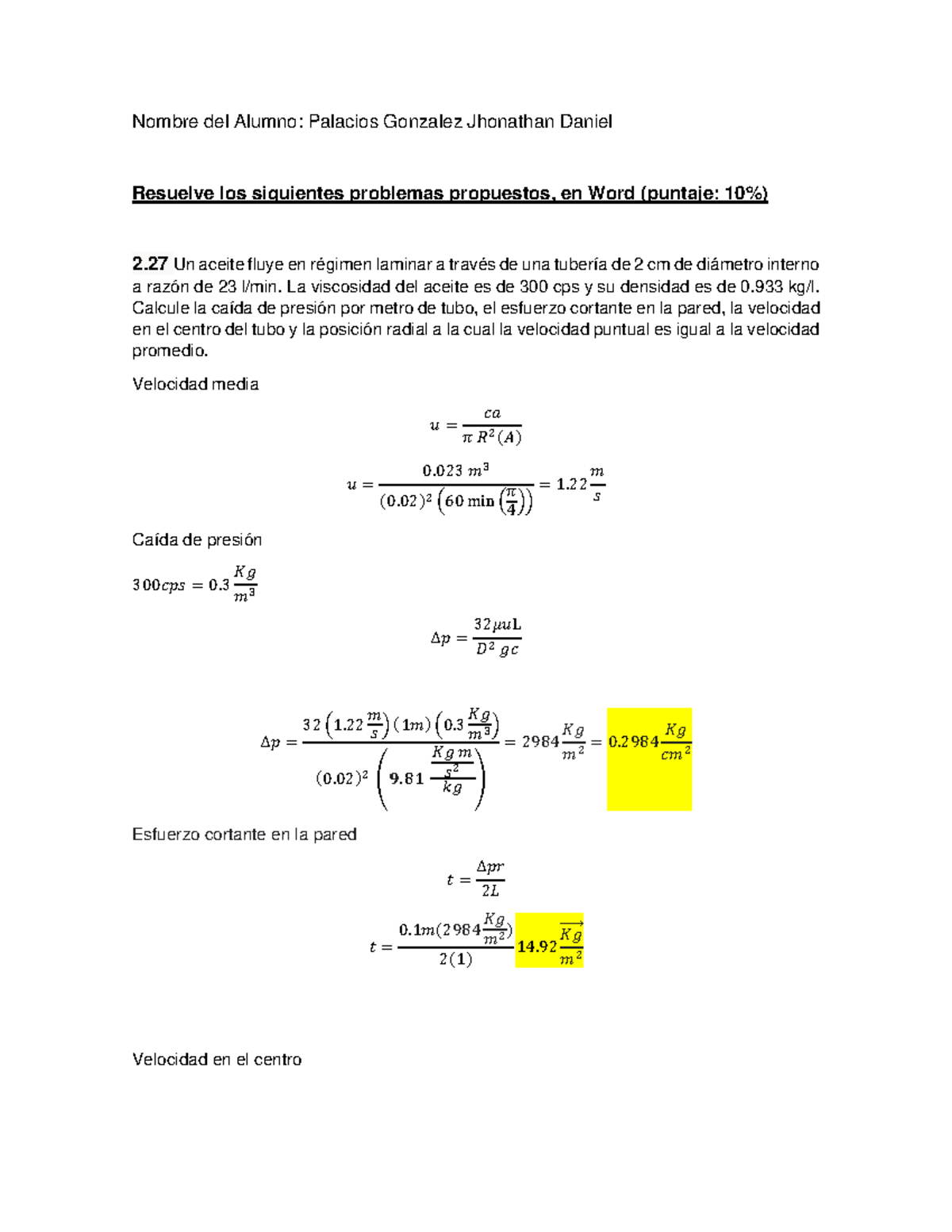 Dinamica de fluidos ejercicios resueltos Nombre