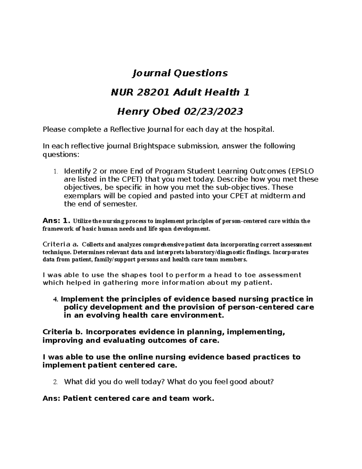 Journal Questions NUR 28201 22320233 Completed Henry Obed - Journal Questions NUR 28201 Adult ...