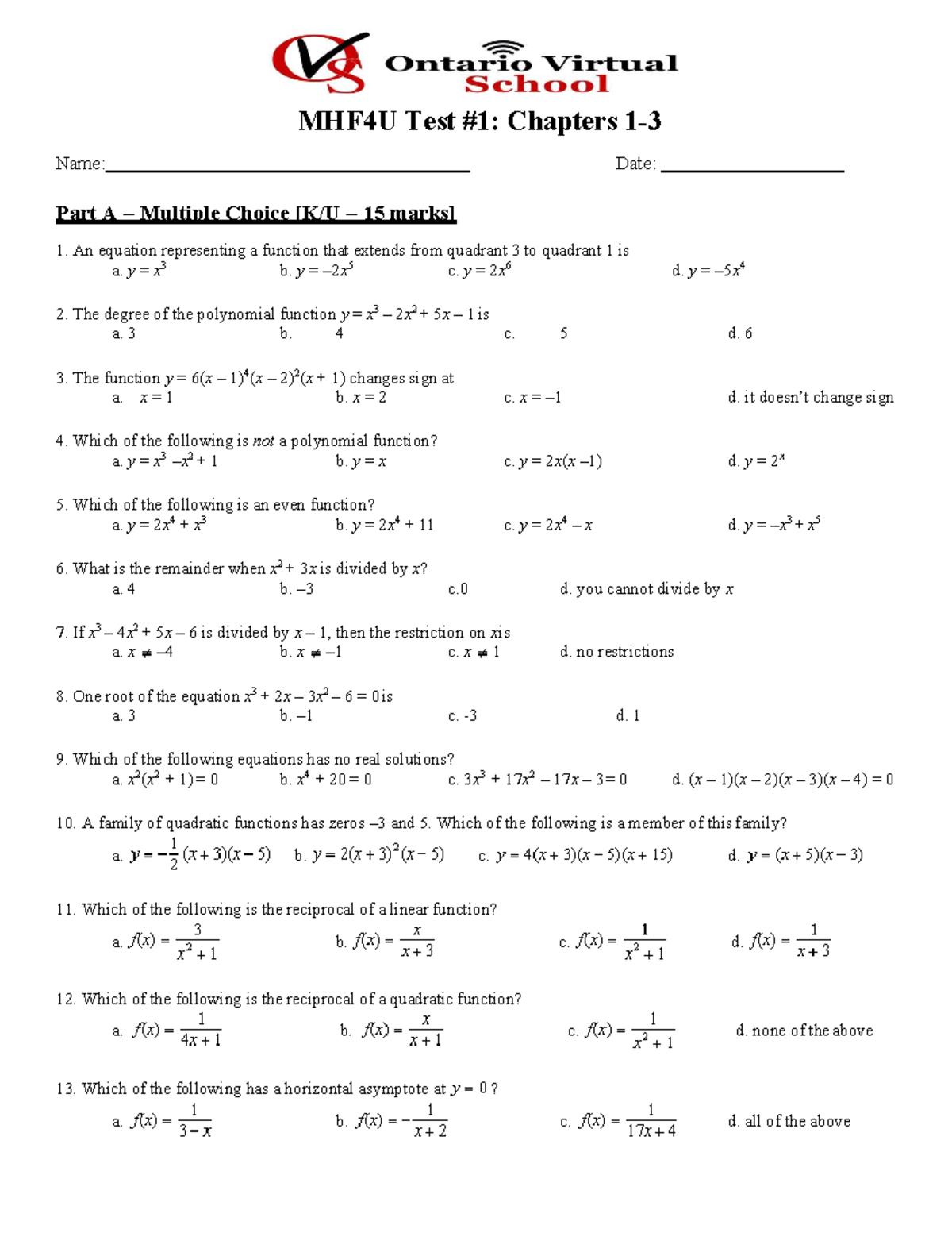 1680442693-Unit 1 Test - MHF4U Test #1: Chapters 1- Name: Date: Part A ...