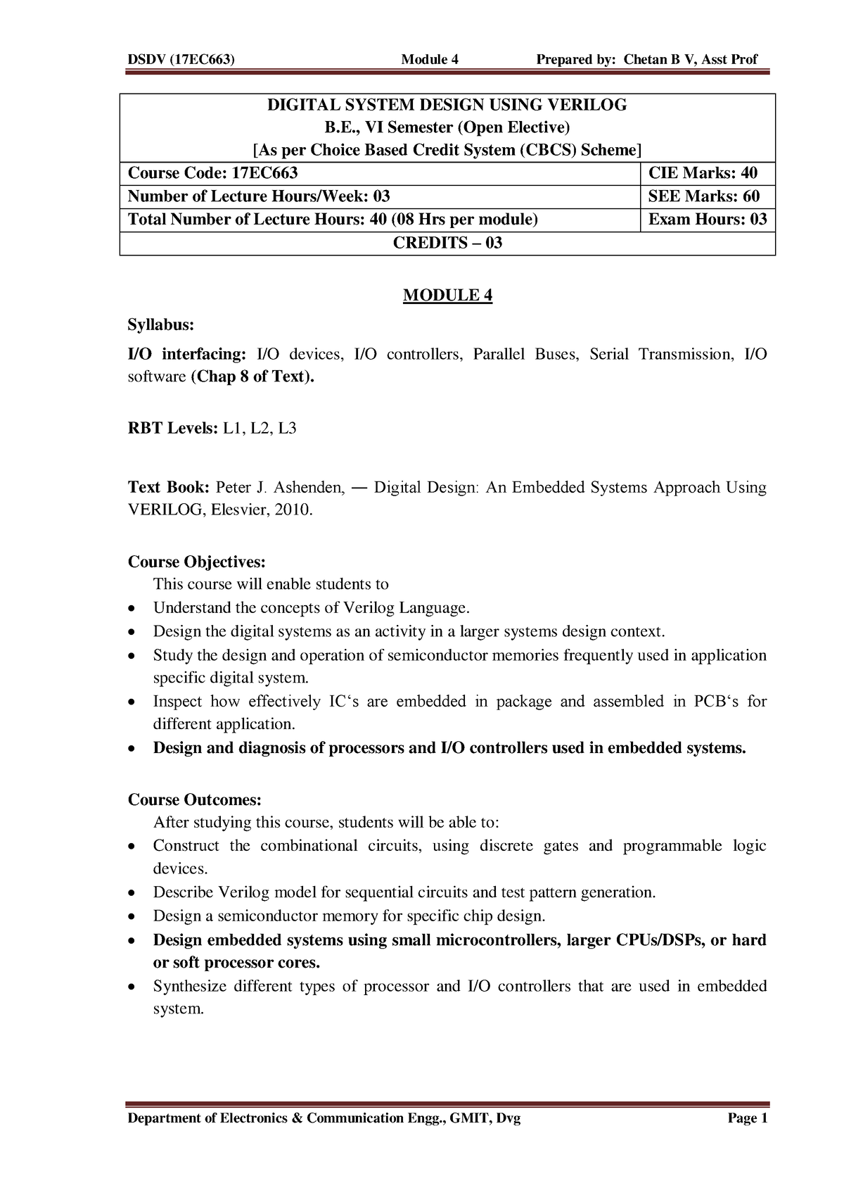 Module 4 DSDV Notes CBV - Digital System Design Using Verilog - DIGITAL ...