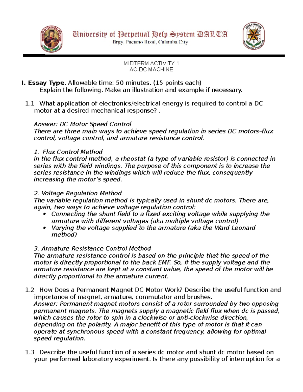 Midterm Activity 1-ACDC Machine - MIDTERM ACTIVITY 1 AC-DC MACHINE I ...