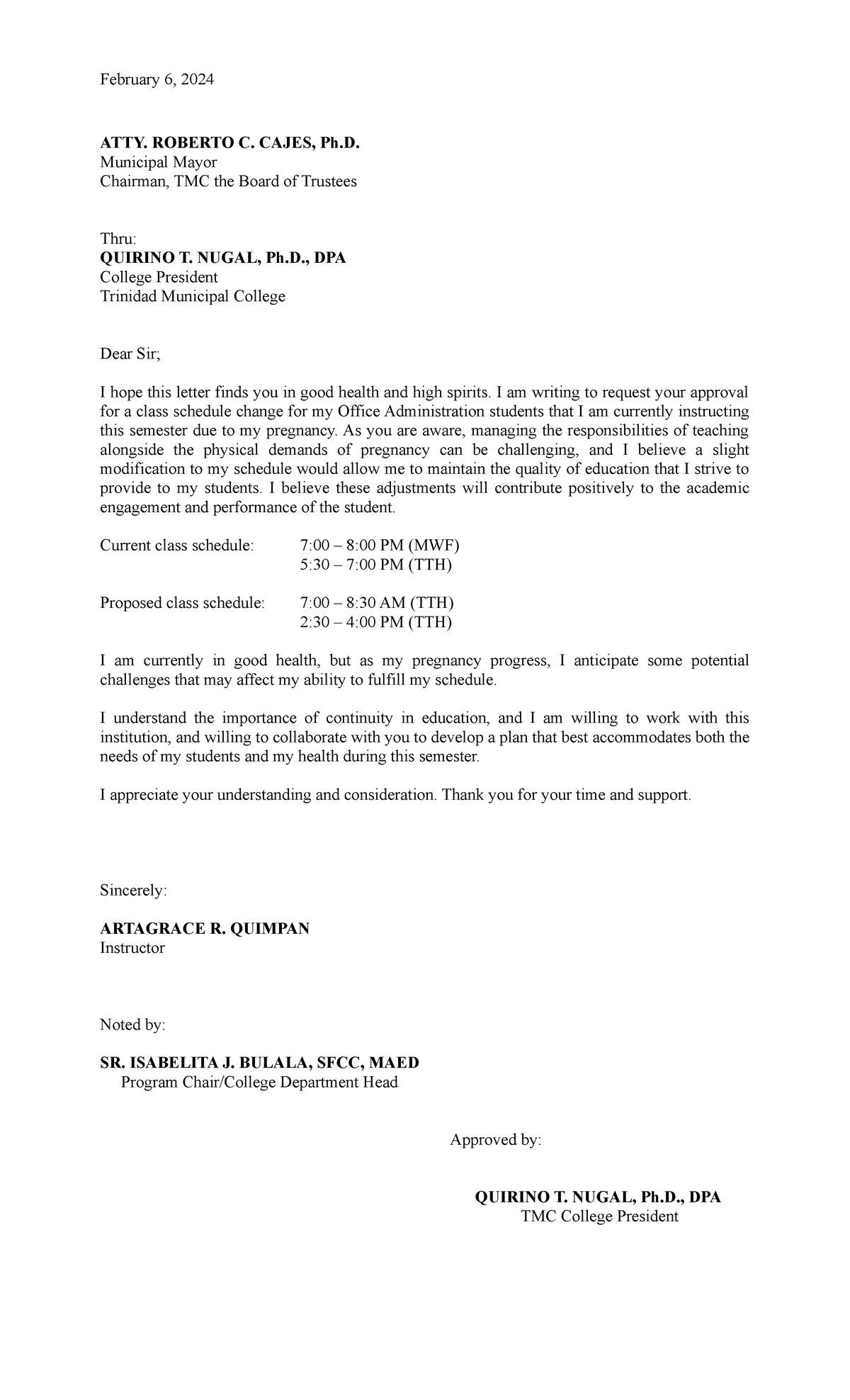 Change sched request letter - February 6, 2024 ATTY. ROBERTO C. CAJES ...