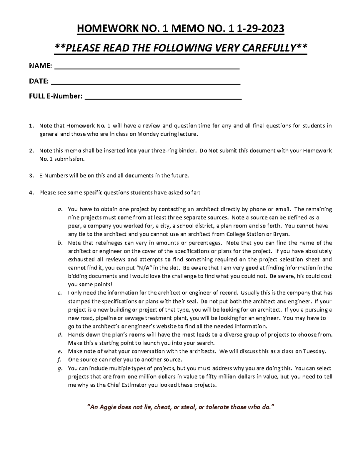 G - Homework No. 1 Memo No. 1 - 1-29-2023 - HOMEWORK NO. 1 MEMO NO. 1 1 ...