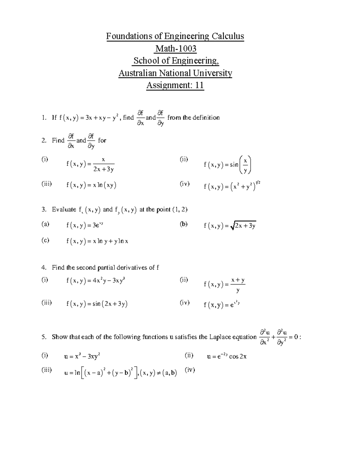 Assignment N0 11 Math 1003 - Foundations of Engineering Calculus Math ...