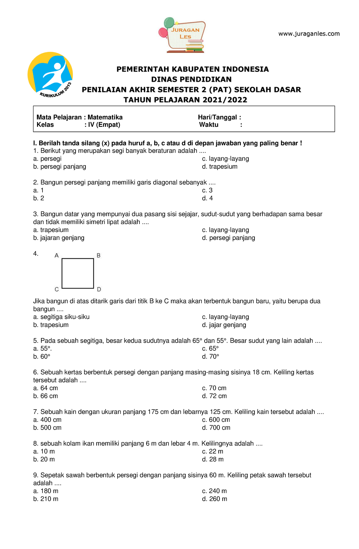 Soal PAT-Matematika Kelas 4 Semester 2 Tahun Ajaran 2021-2022 ...