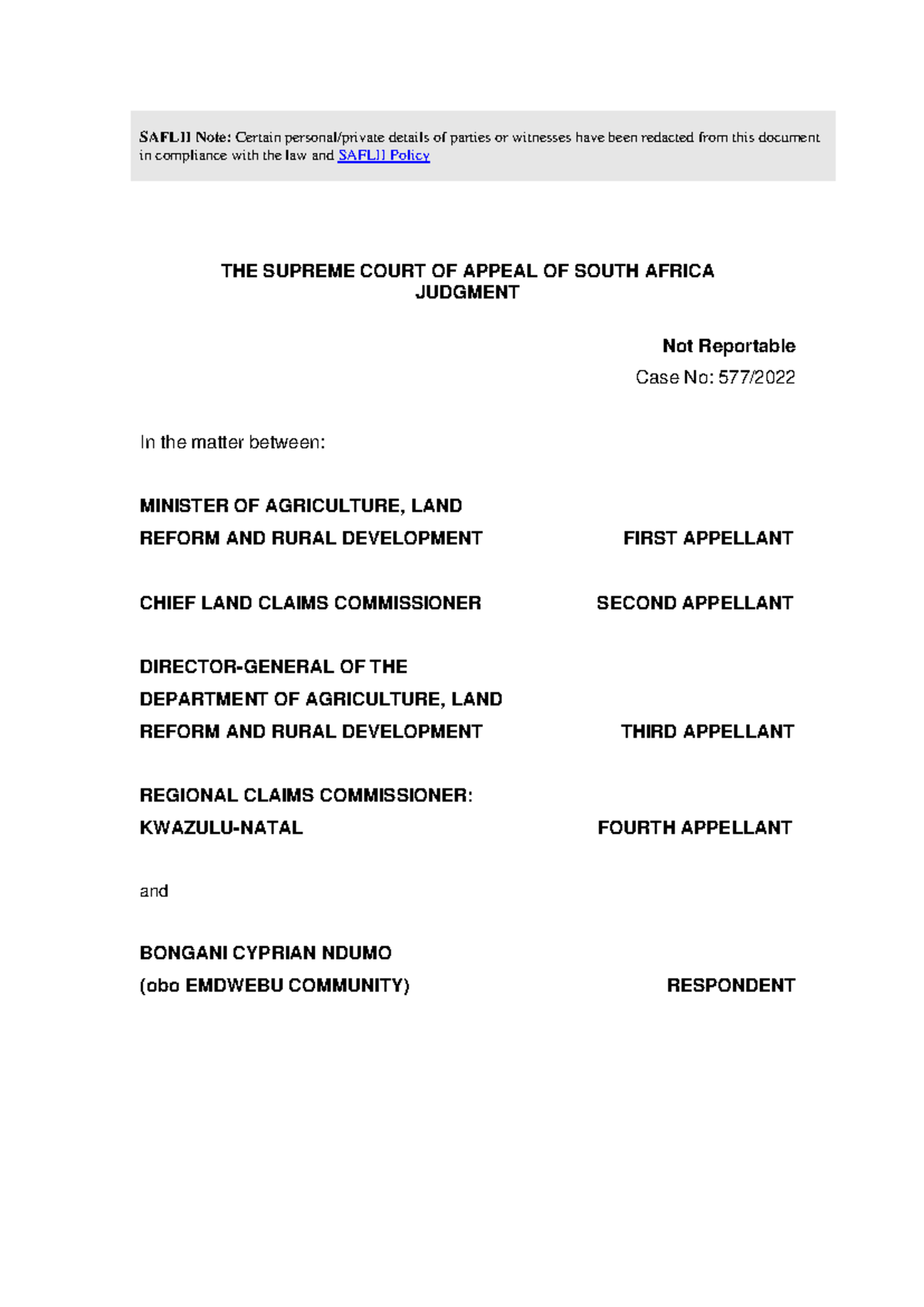 136 Minister of Agriculture, land reform and rural development - SAFLII ...