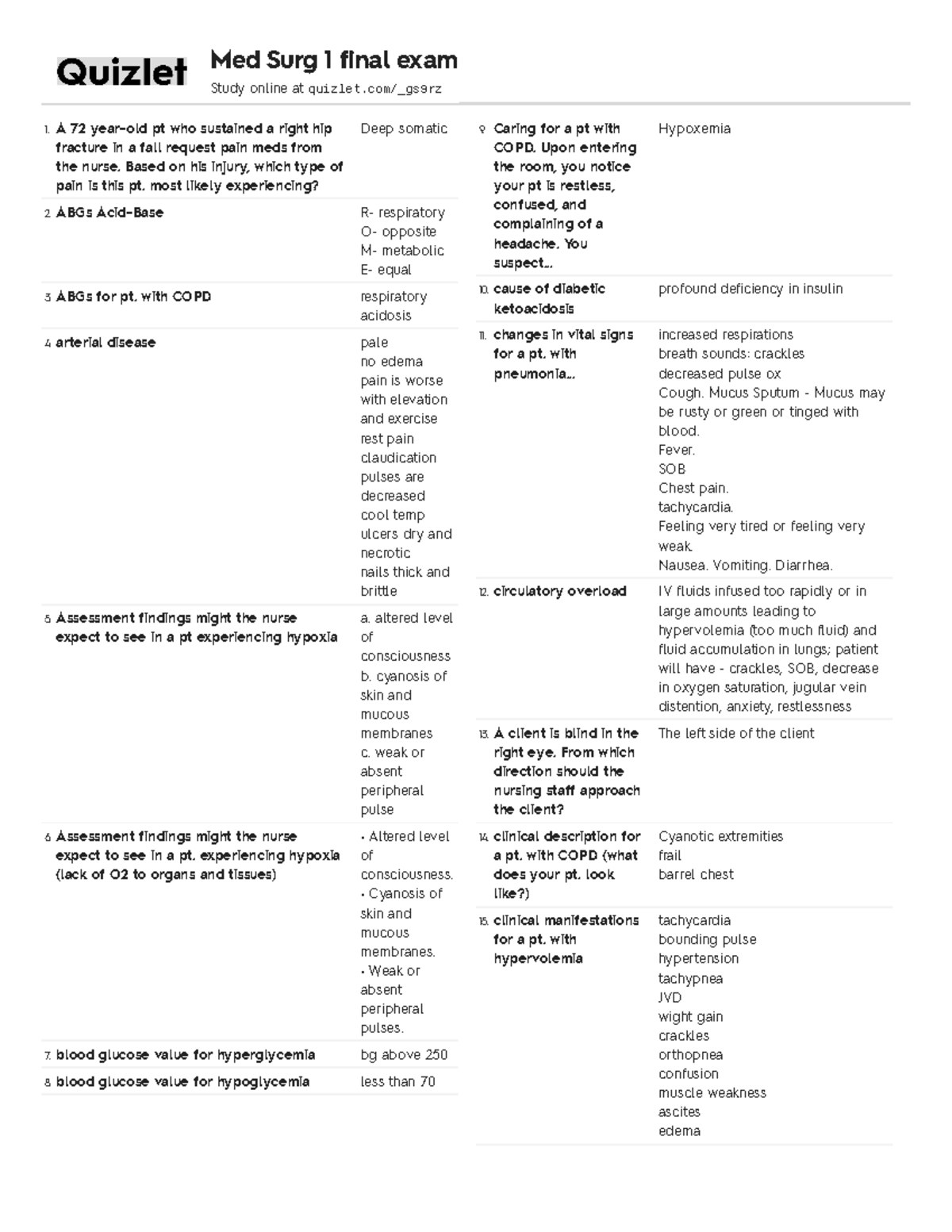 MED Surge Study Cards - Lecture notes 1-13 - 1 72 year-old pt who ...