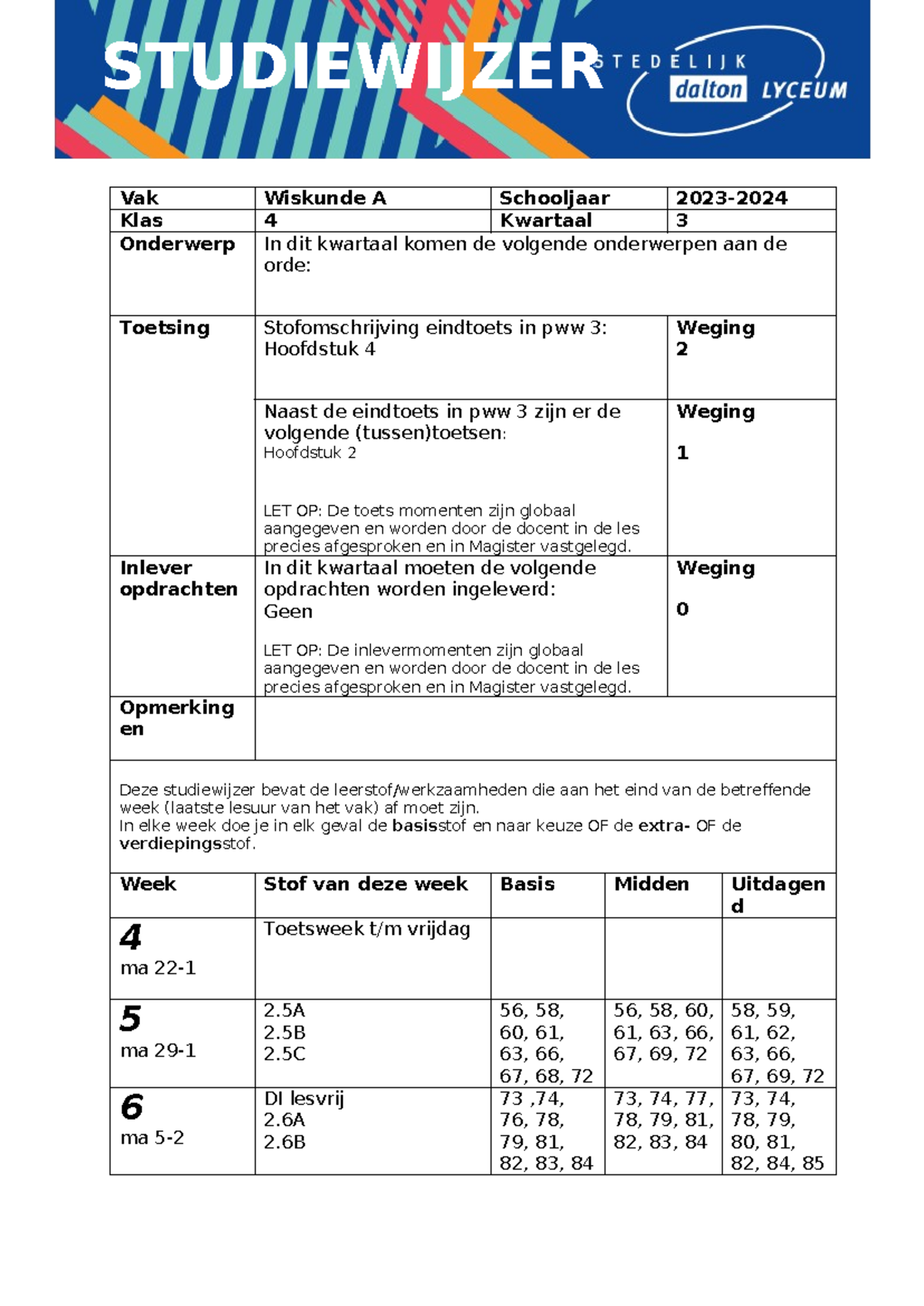 Studiewijzer Wis A Klas 4 Kwartaal 3 23-24 - STUDIEWIJZER Vak Wiskunde ...