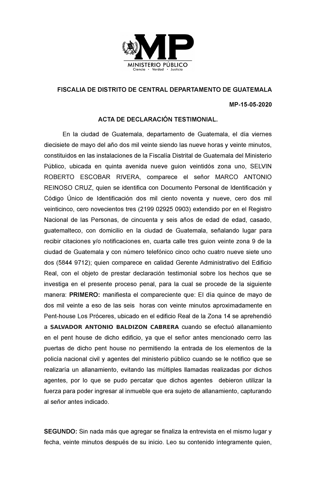  de Declaracion Testimonial - FISCALIA DE DISTRITO DE CENTRAL  DEPARTAMENTO DE GUATEMALA - Studocu