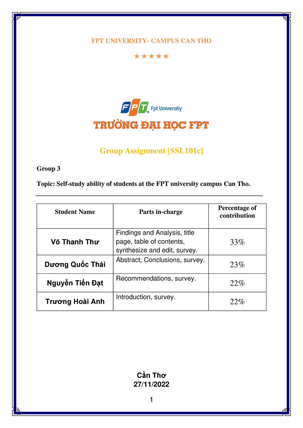 Document 1 - MKT - FPT UNIVERSITY- CAMPUS CAN THO Group Assignment ...