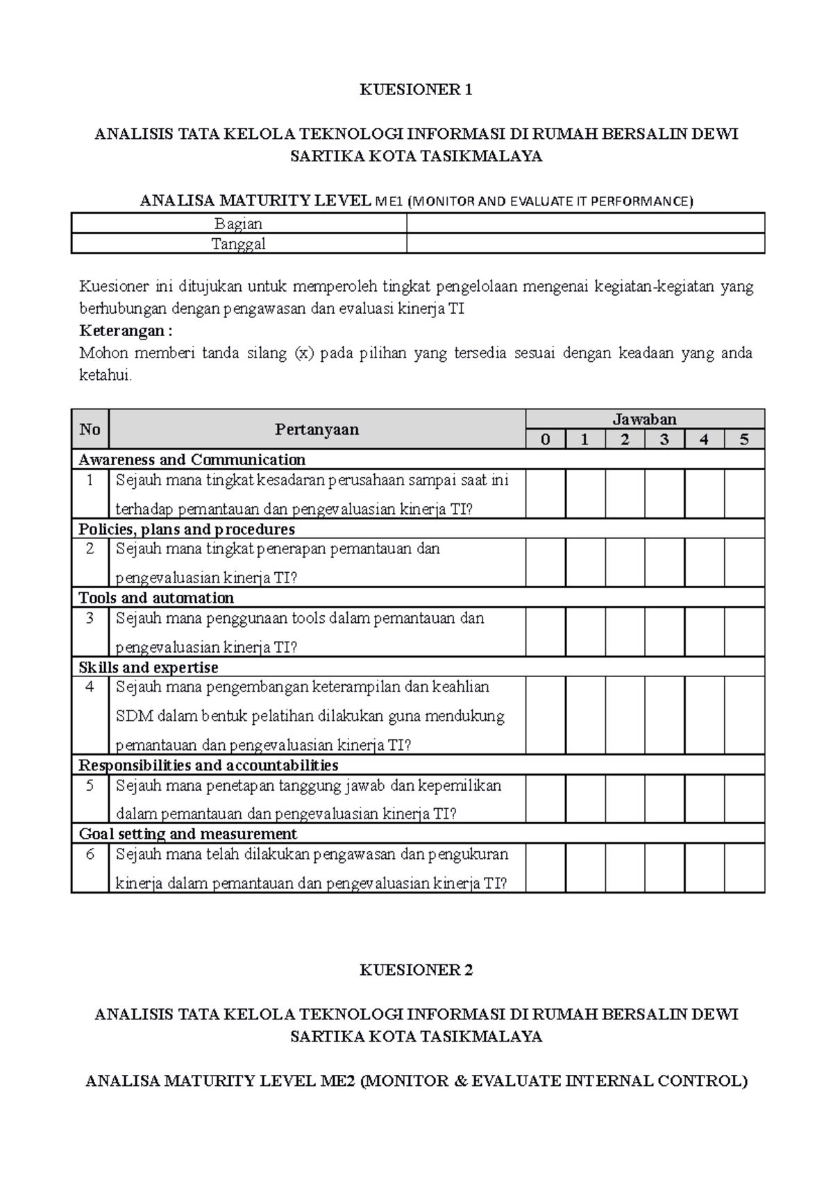 Contoh Kuesioner Menggunakan Kerangka Ke - KUESIONER 1 ANALISIS TATA ...