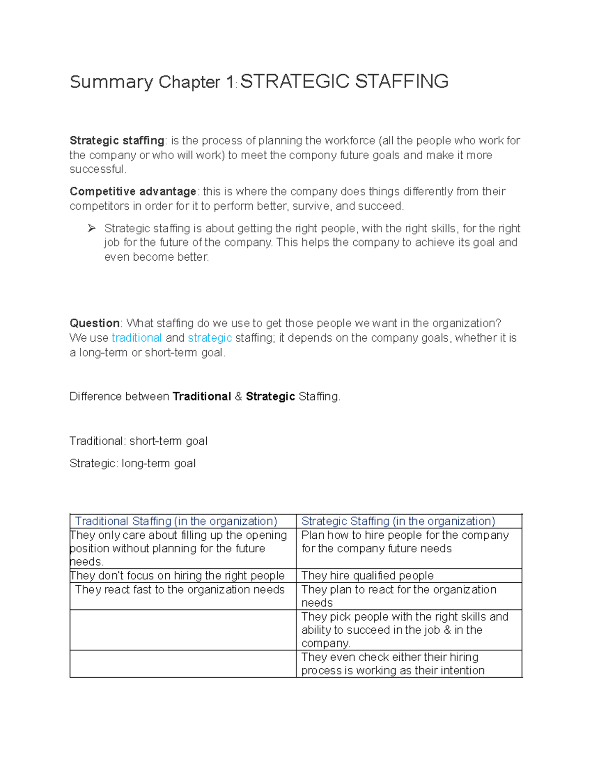 Chapter 1 Summary - Summary Chapter 1: STRATEGIC STAFFING Strategic ...