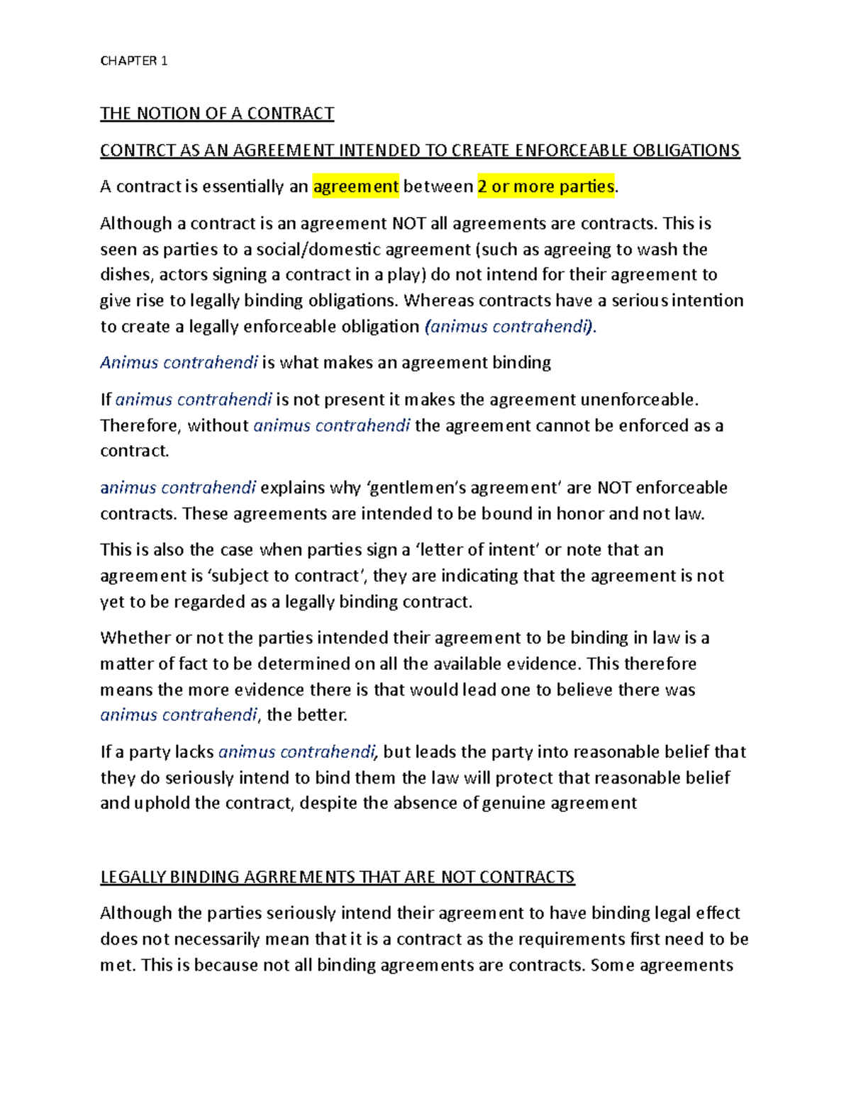 KTR Chapter 1 - law of contract notes - THE NOTION OF A CONTRACT ...