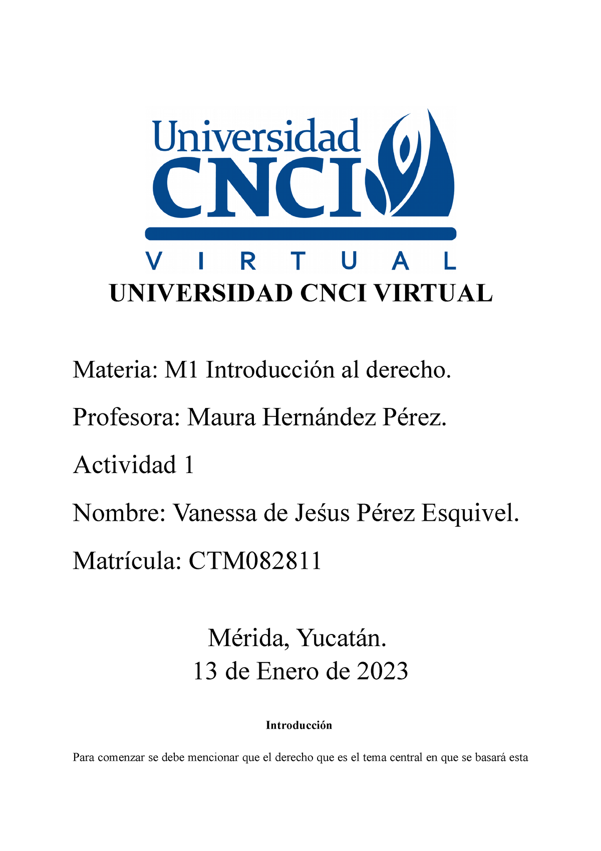 Actividad 1 Derecho - ... - UNIVERSIDAD CNCI VIRTUAL Materia: M1 ...