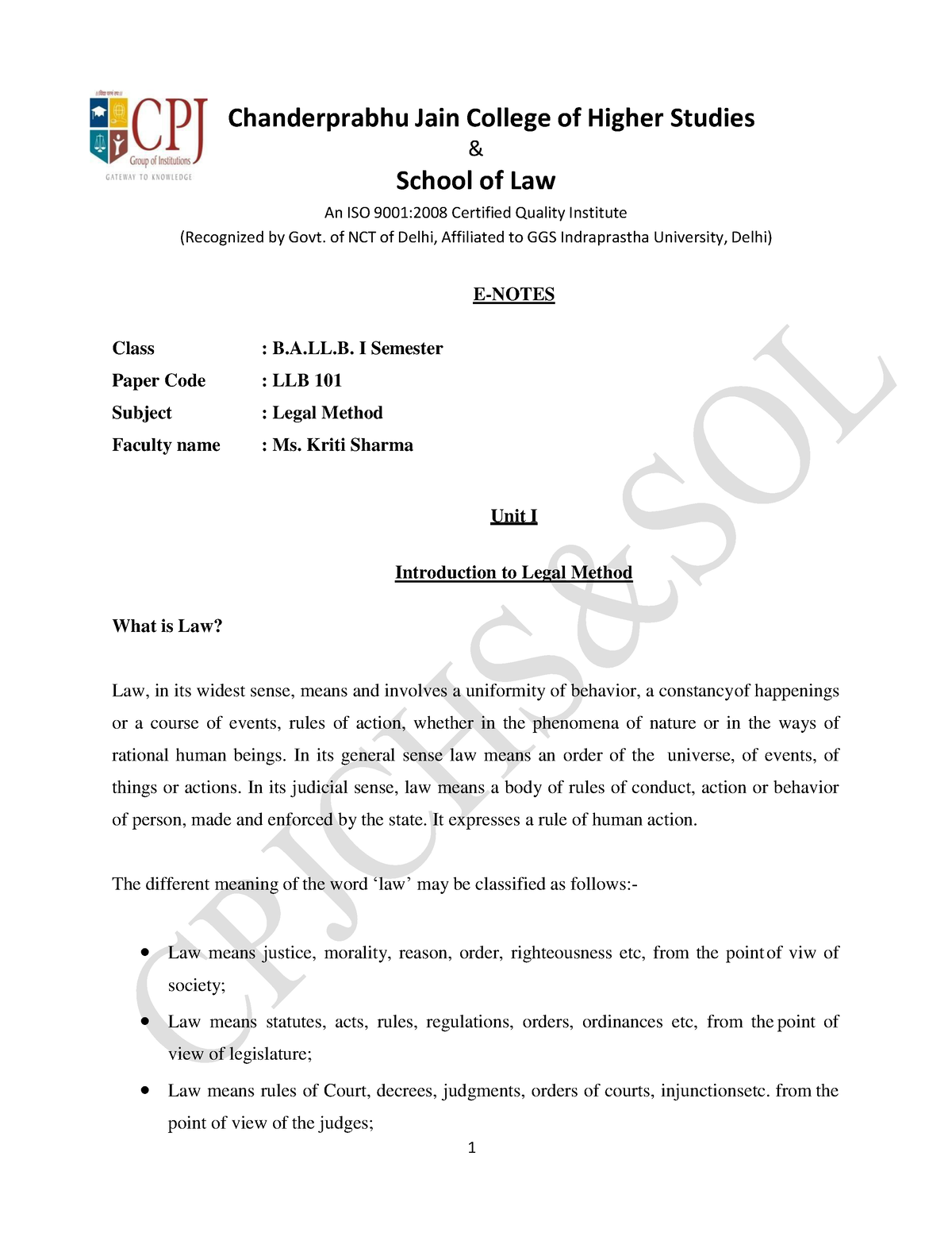 E-Notes Unit 1 Legal Method LLB 101 - Ballb I Sem - & School Of Law An ...