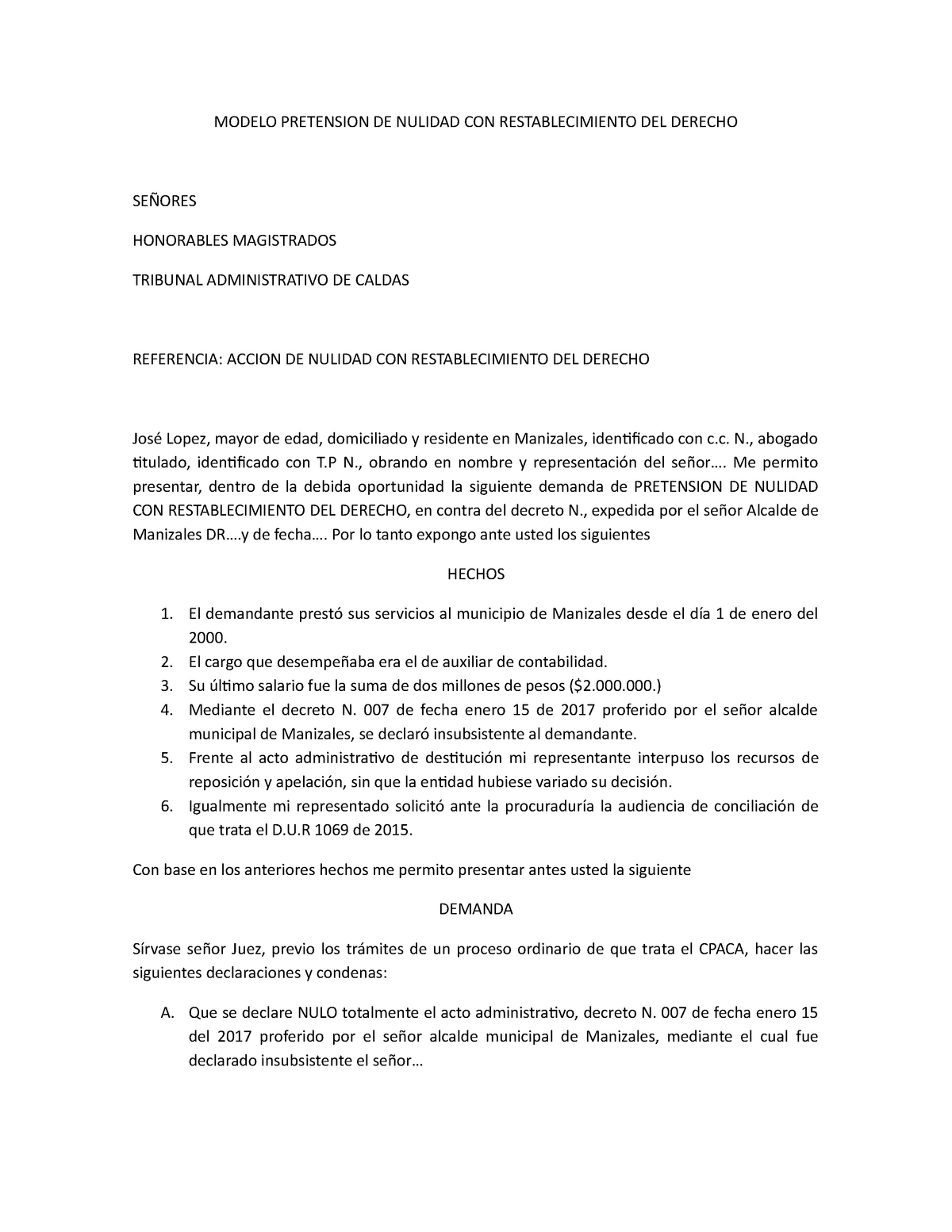 Nulidad CON Restablecimiento DEL  · versión 1 - MODELO  PRETENSION DE NULIDAD CON - Studocu