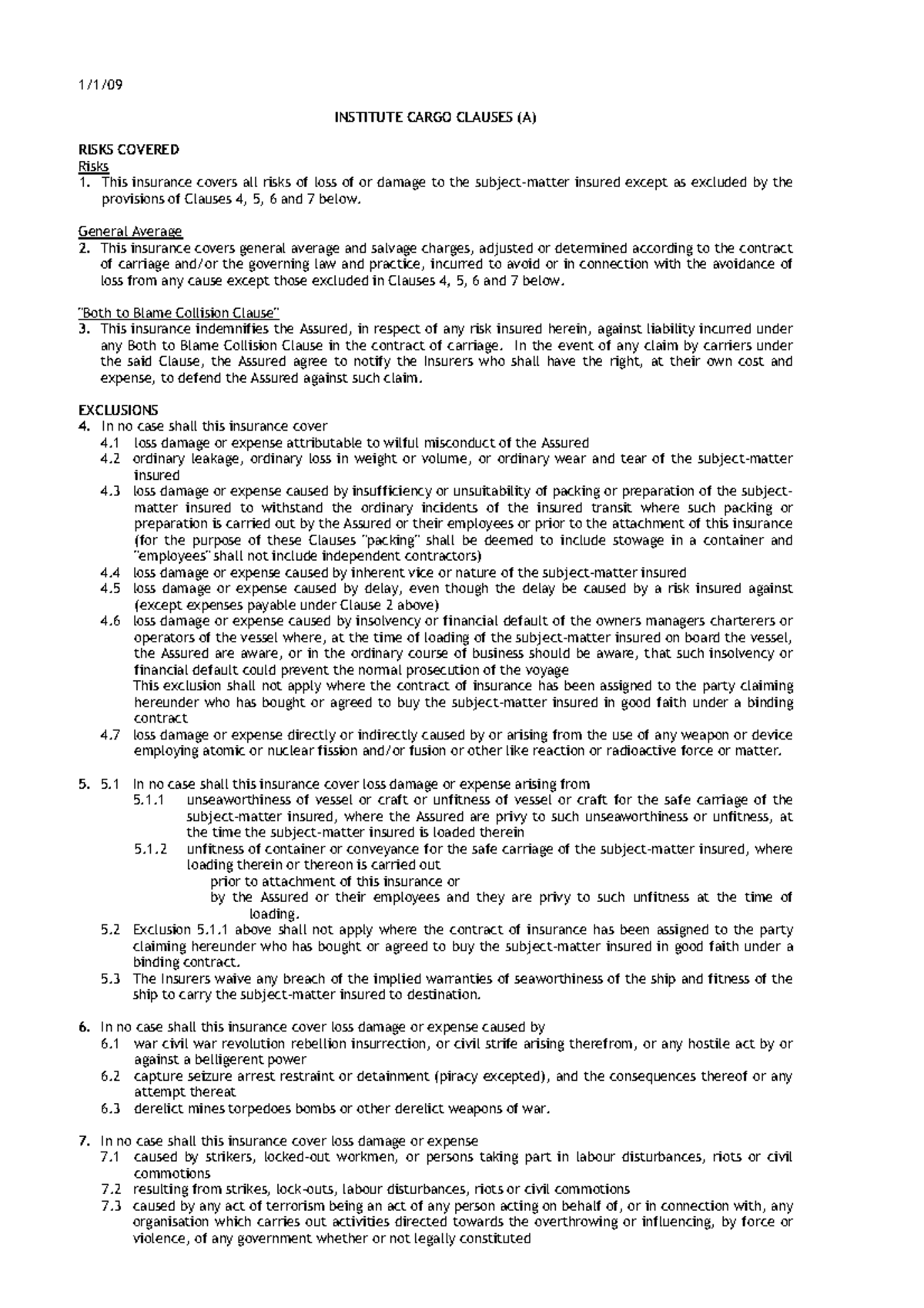 ICC 2009 - tổng hợp ICC 2009 - 1/1/ INSTITUTE CARGO CLAUSES (A) RISKS ...