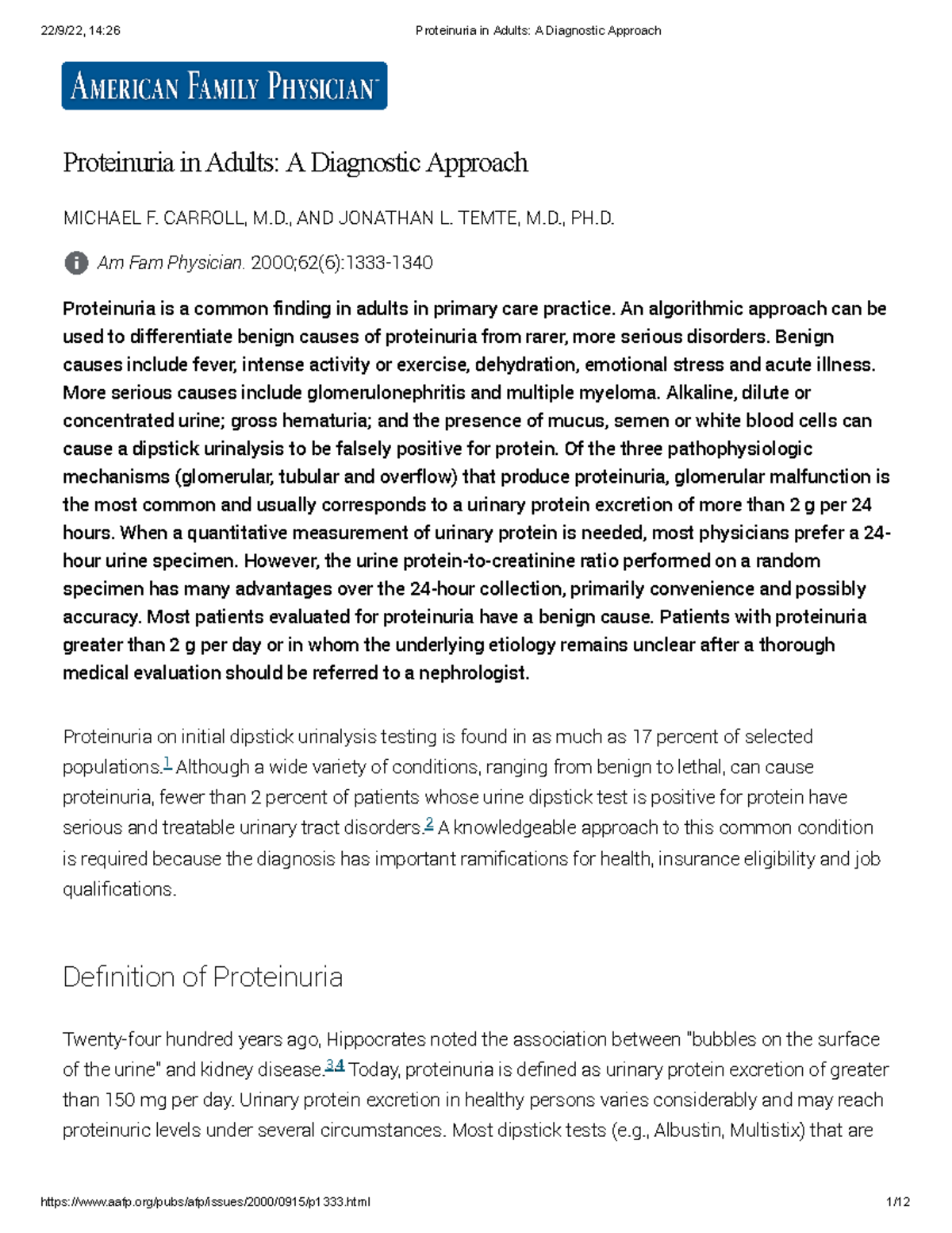 Proteinuria in Adults A Diagnostic Approach CARROLL, M., AND JONATHAN