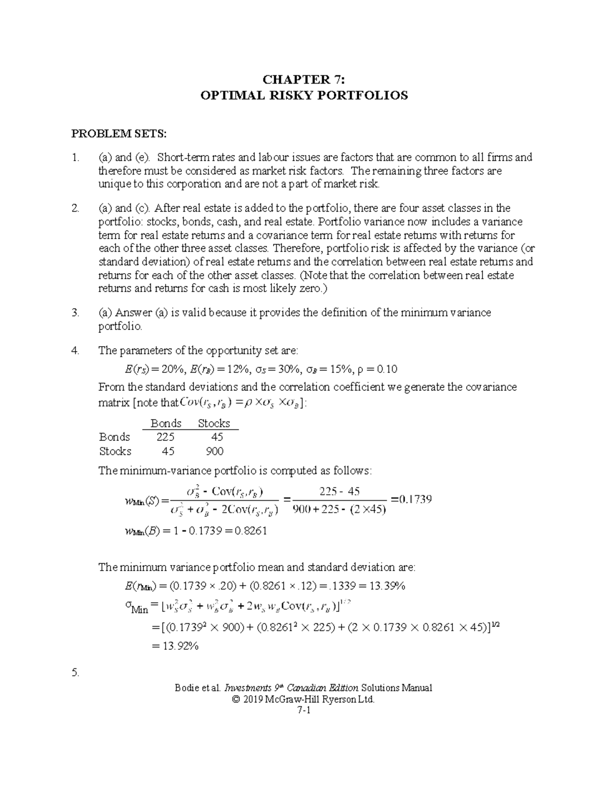 Bodie 9ce SM Ch07 Final - Chapter 7 Optimal Risky Portfolio Walkthrough ...