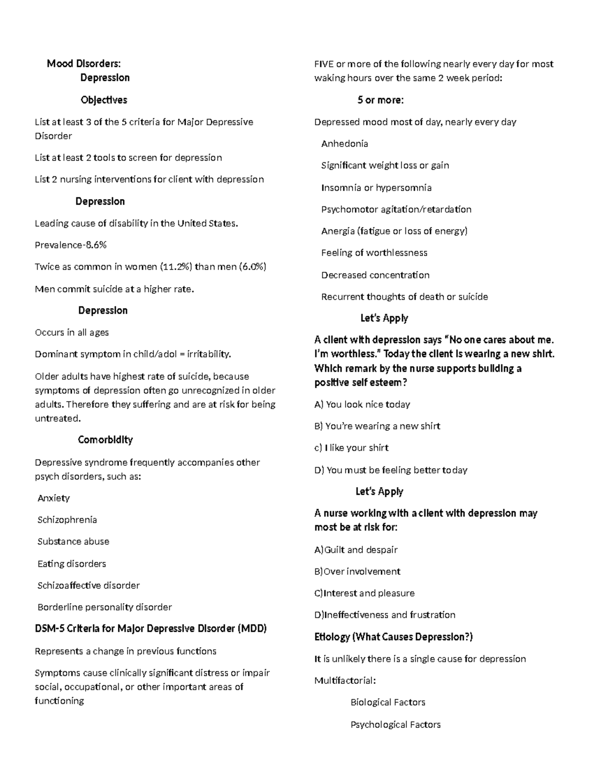 Psych Test - Mental health - Mood Disorders: Depression Objectives List ...