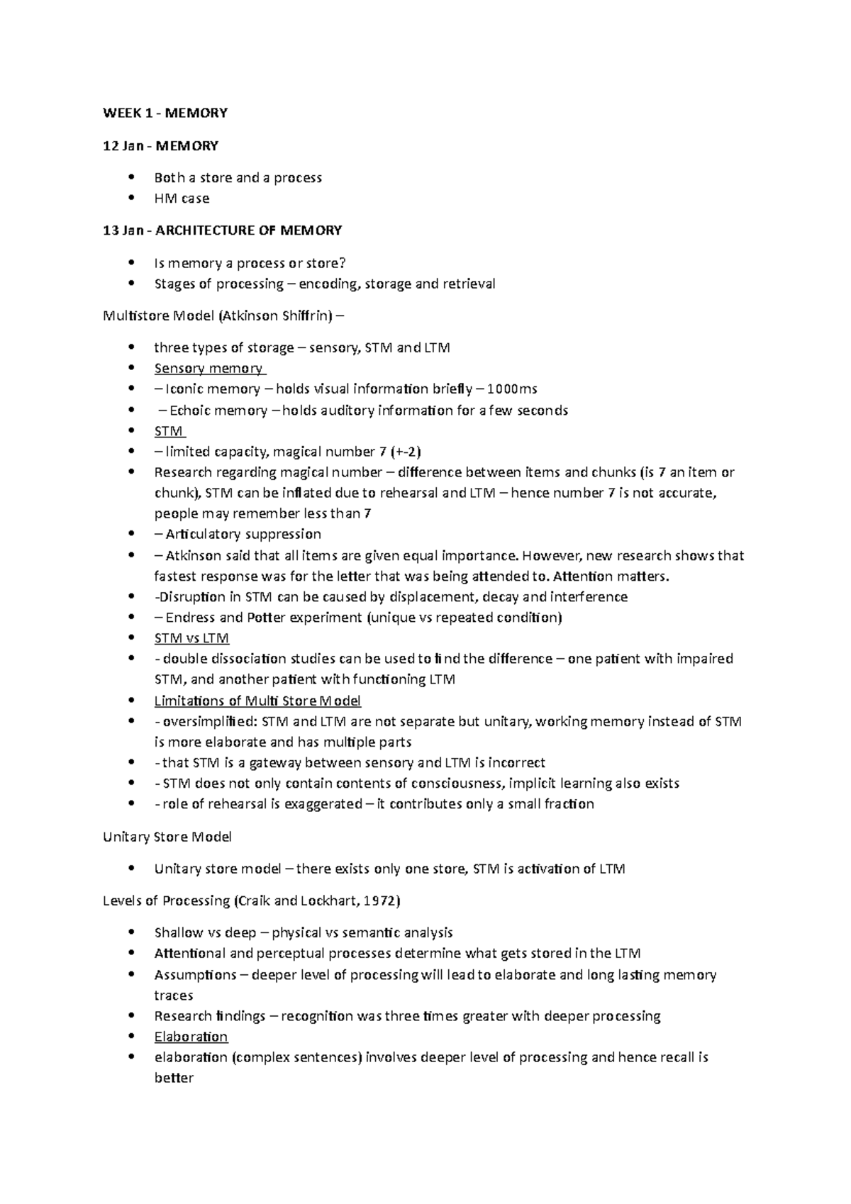 Memory - Week 1 notes - WEEK 1 - MEMORY 12 Jan - MEMORY Both a store ...