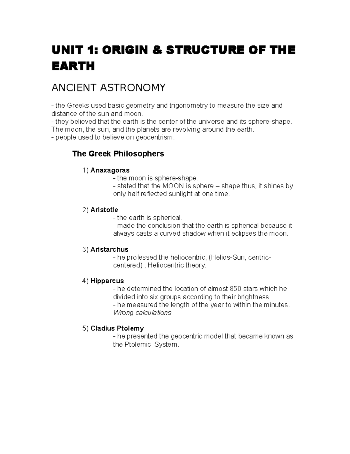SHS Earth Science Notes UNIT 1 ORIGIN & STRUCTURE OF THE EARTH