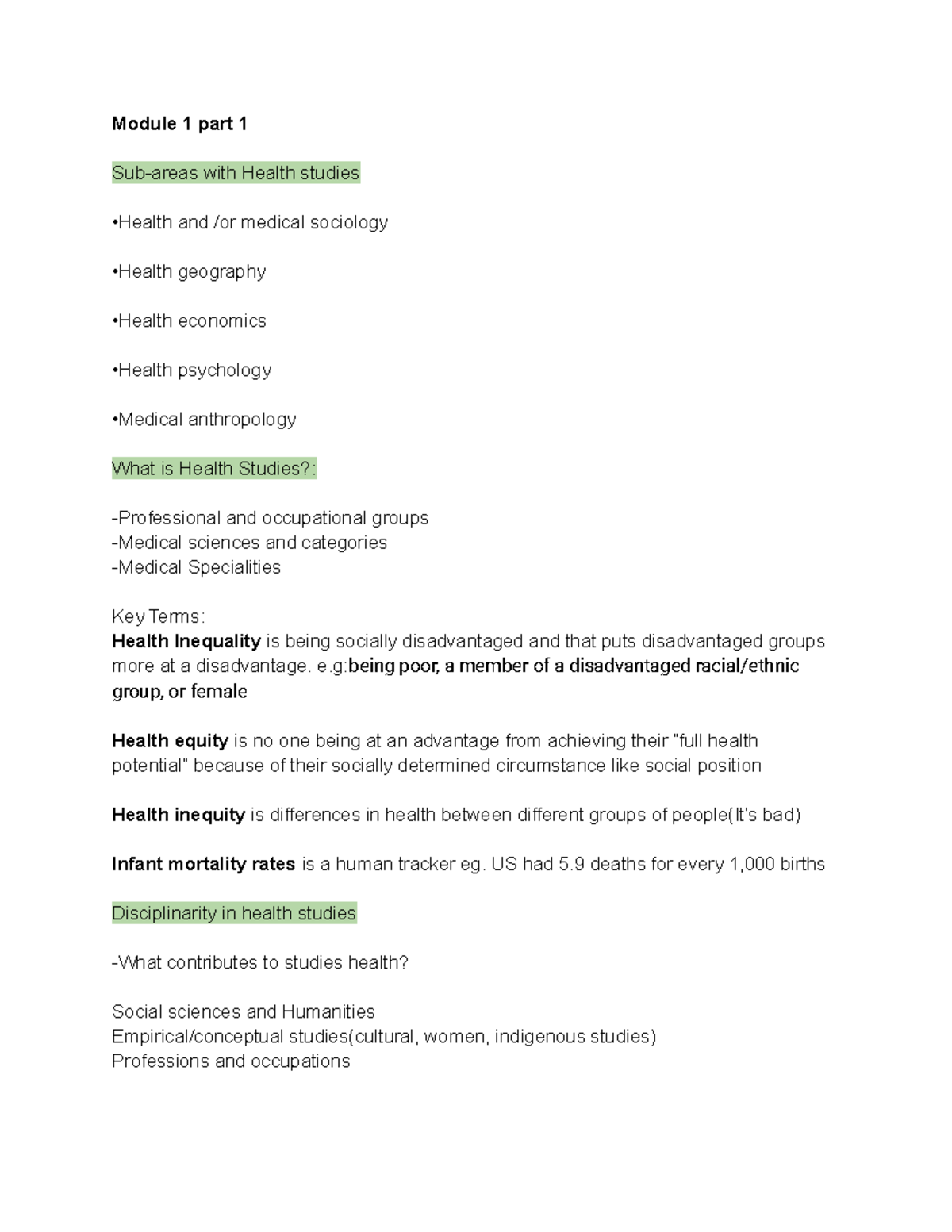 Hlth age midterm notes - Module 1 part 1 Sub-areas with Health studies ...