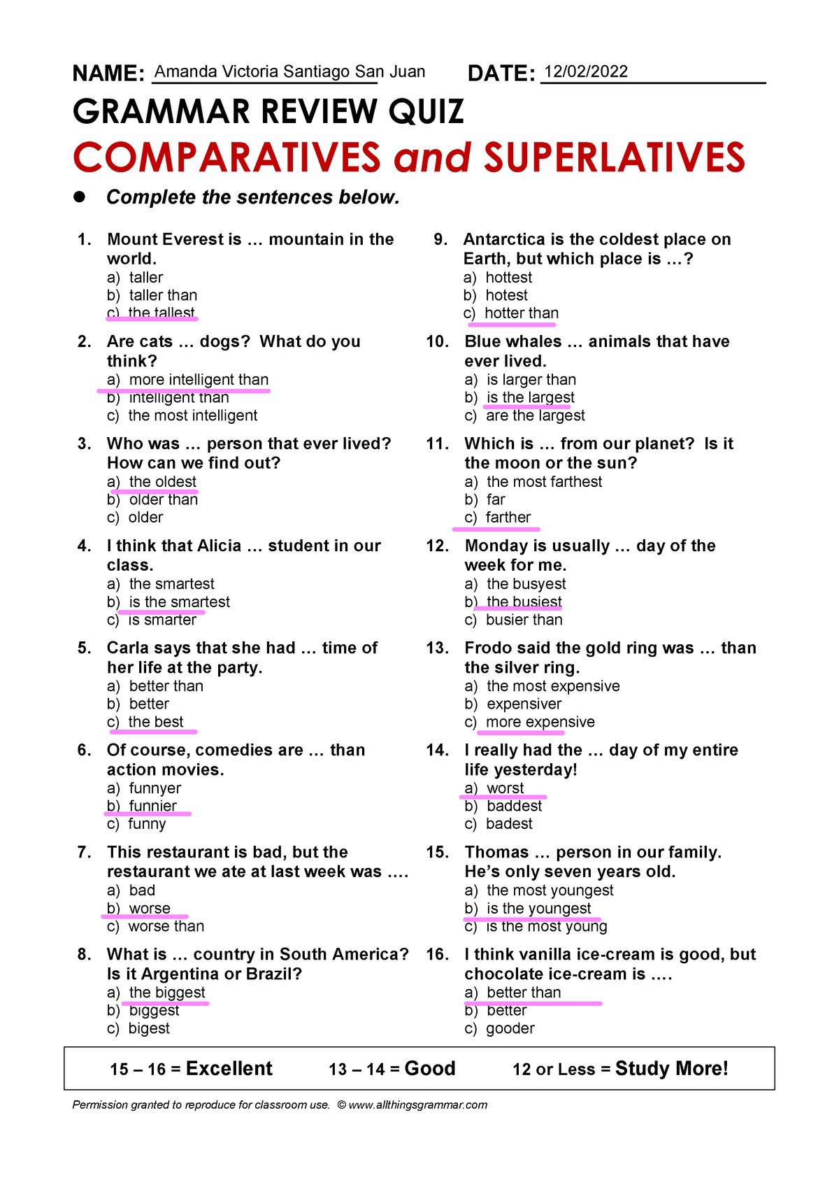 Superlatives And Comparatives Quizz, Inglés - NAME ...