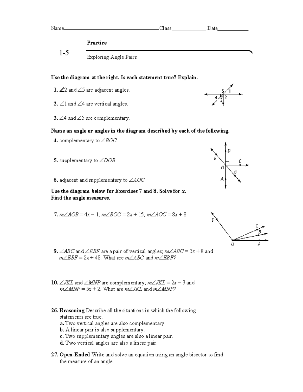 geometry cheat sheet - Name Class Date 1- Practice Use the diagram at ...