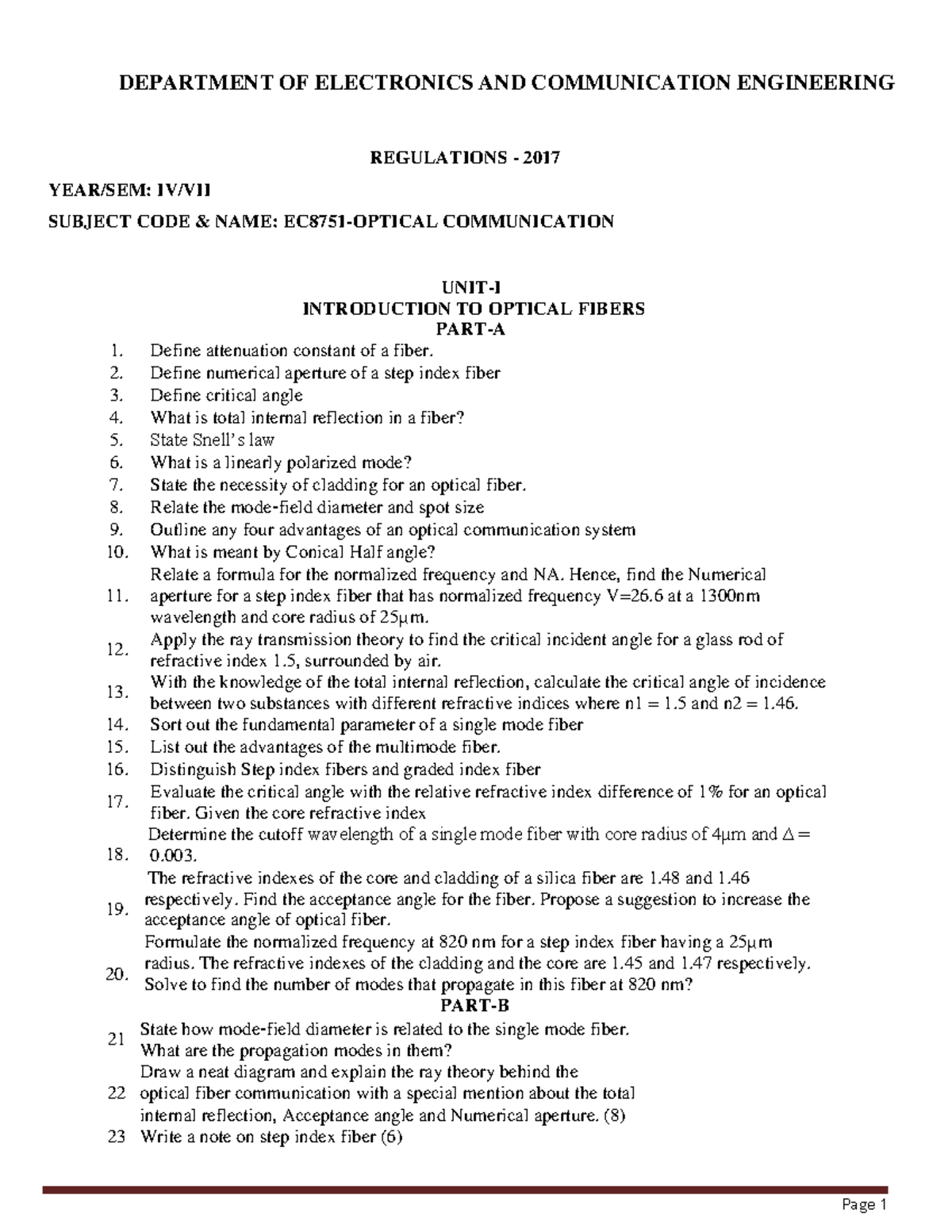 EC8751 Optical Communication Question BANK REGULATIONS 2017 YEAR