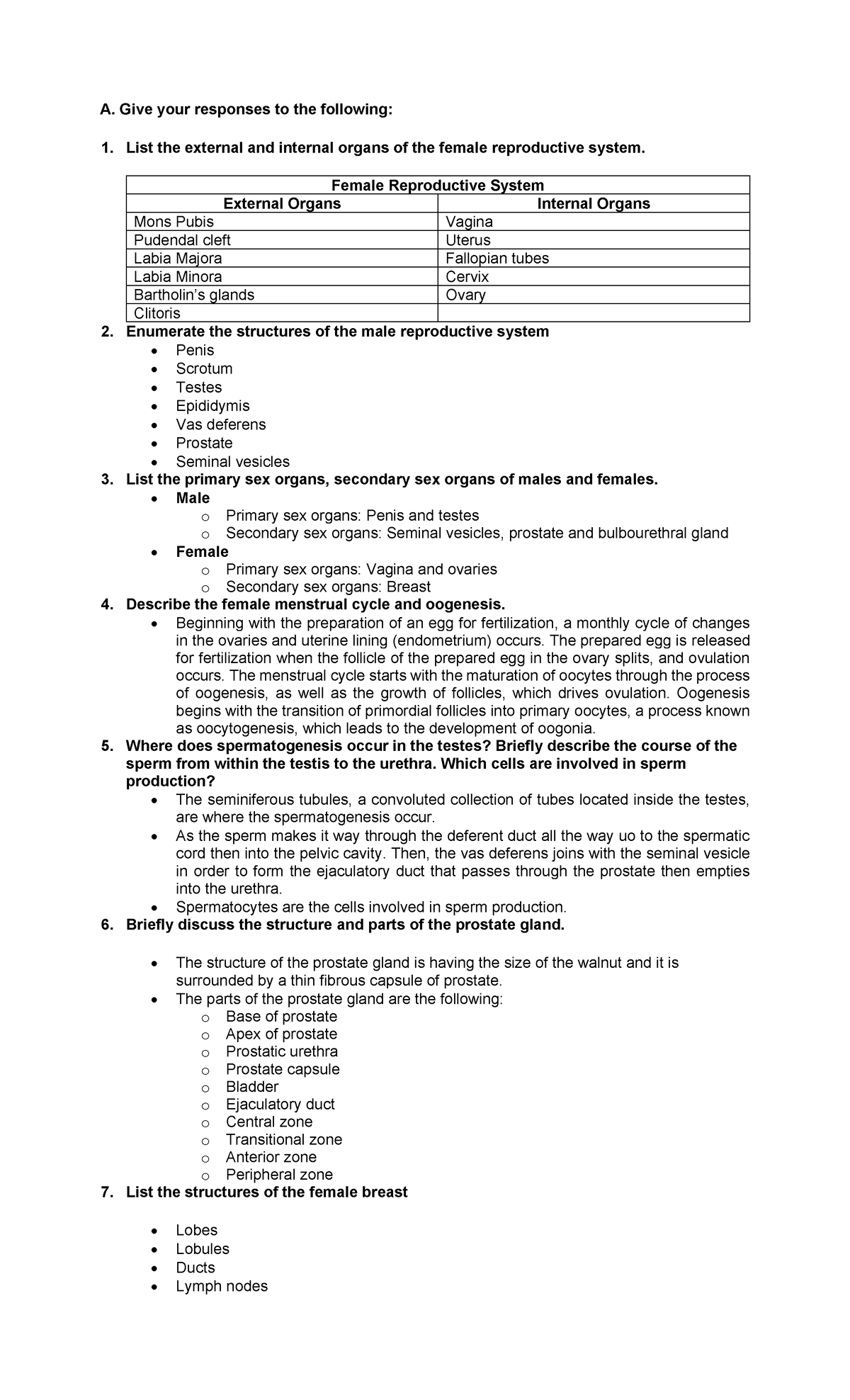 Reproductive - Lecture notes 1 - A. Give your responses to the ...