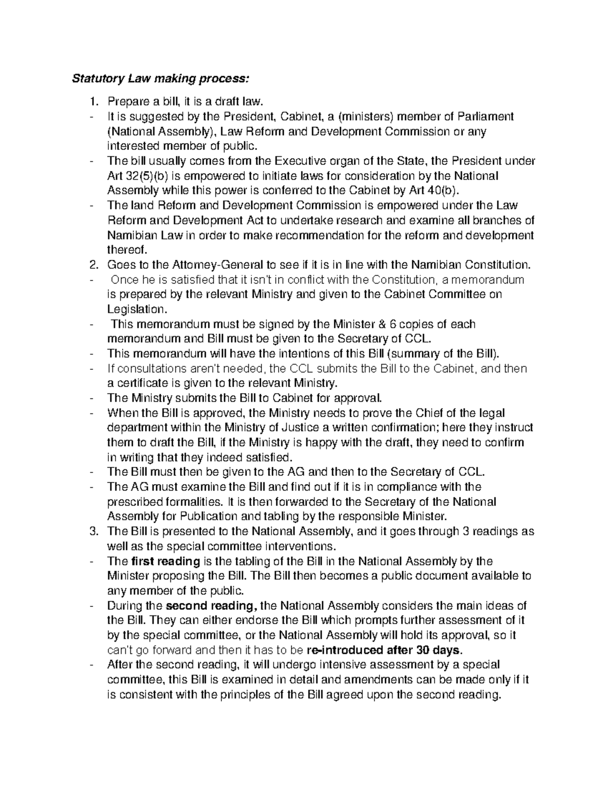 Statutory Law making process[ 191] Statutory Law making process Prepare a bill, it is a draft