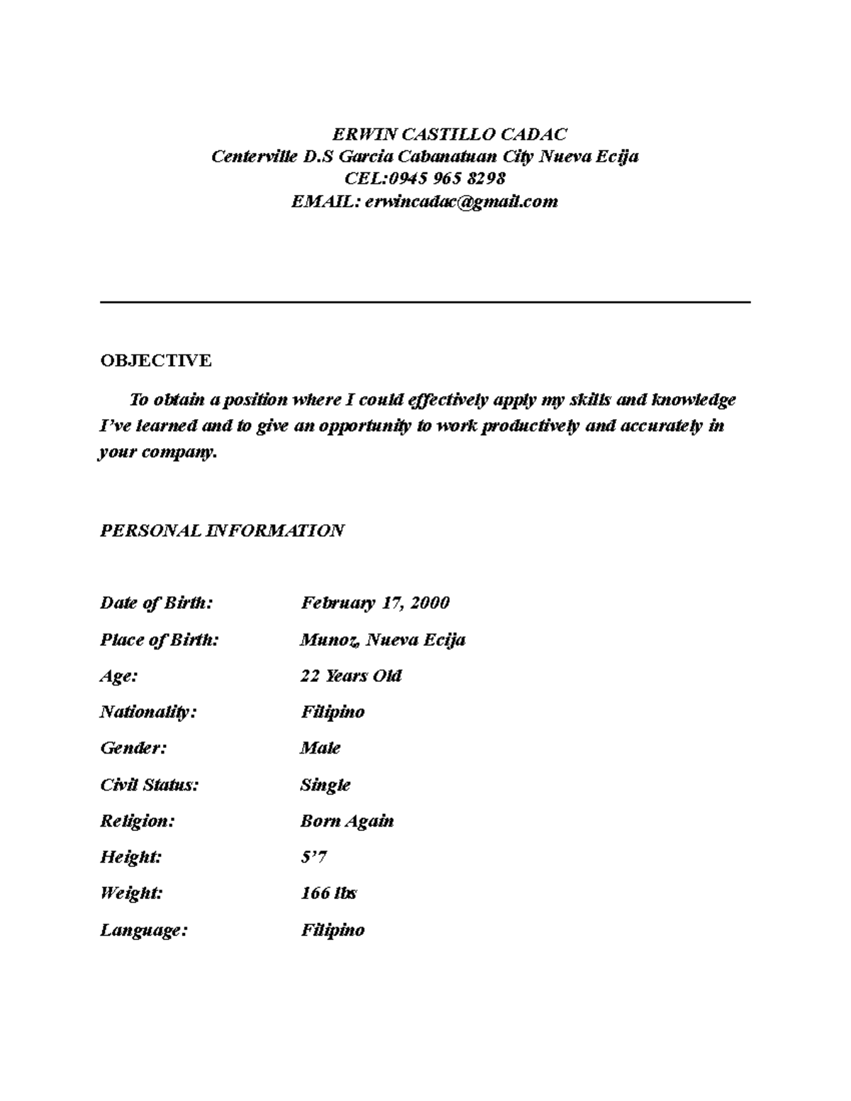 Erwin-Resume - ..//... - ERWIN CASTILLO CADAC Centerville D Garcia ...