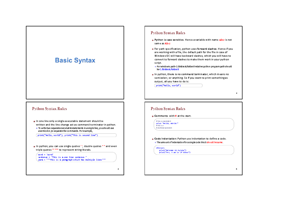 01-Basic Syntax - Tài liệu - 1 Python is case sensitive. Hence a ...